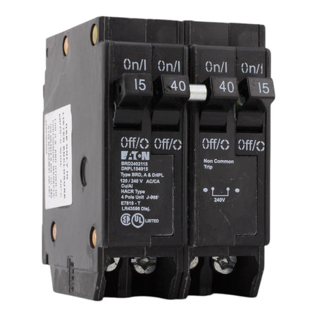 Eaton BRD2402115 / DNPL154015, 15A/15A/40A, 120/240V, Quad Circuit Breaker, 2 1-Pole, 1 2-Pole, Plug-In, for Eaton, Bryant, Westinghouse Panels