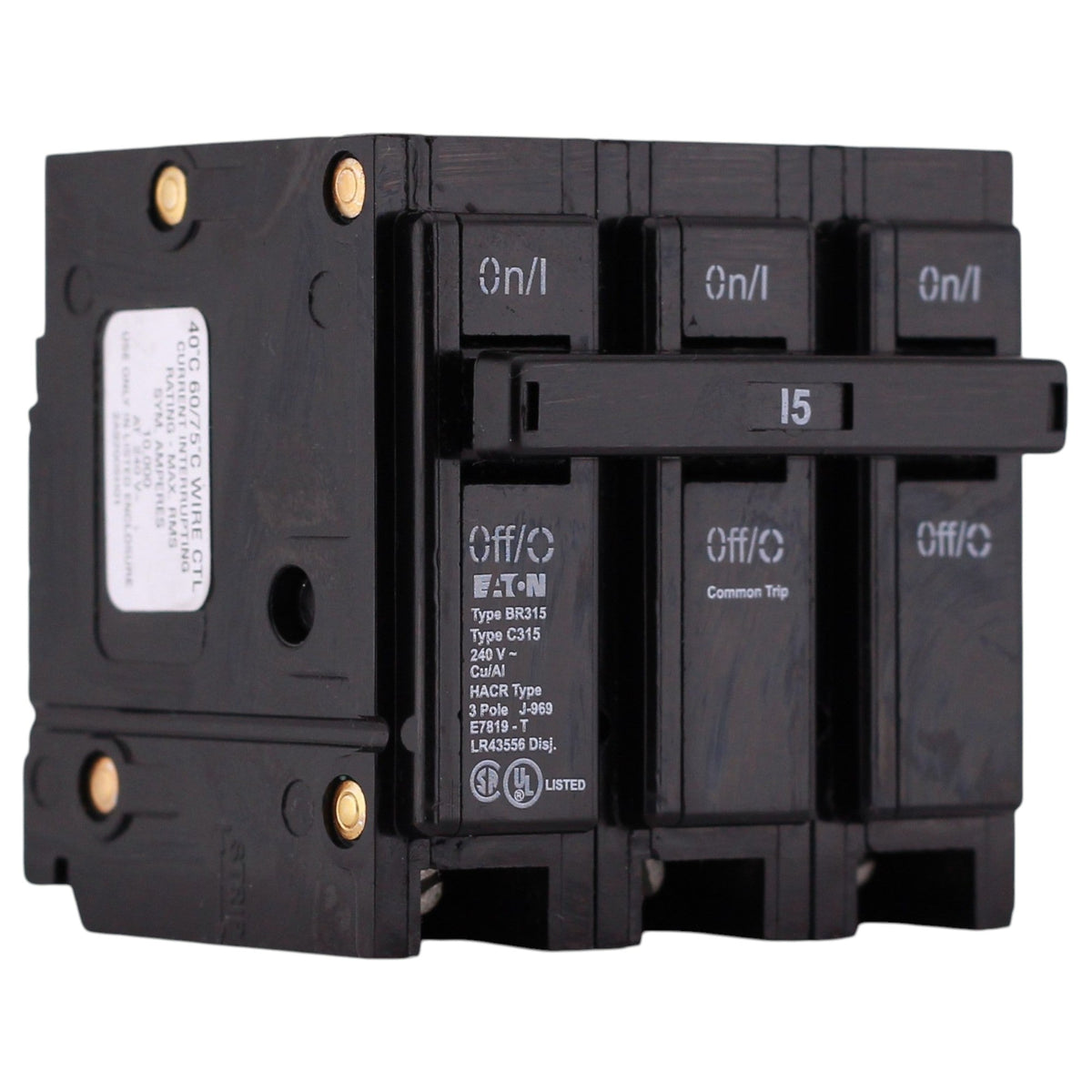 Eaton BR, BR315, 15A, 3P, 240V, Thermal Magnetic, Plug-On, Circuit Breaker