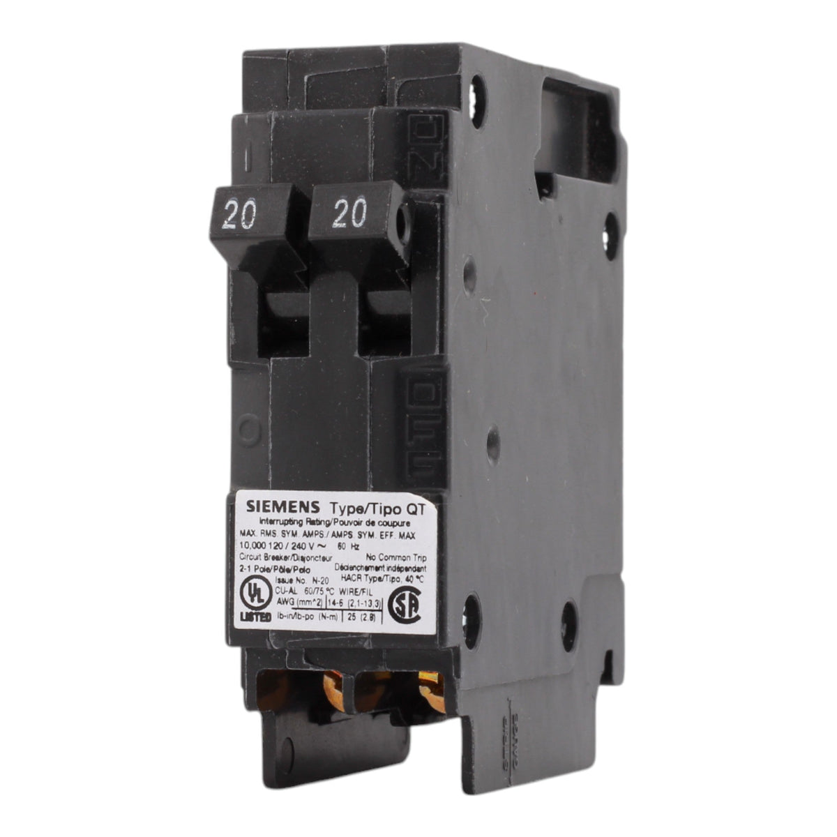 Siemens Q2020NC 20/20 Amps 120 Volts Tandem Non-CTL Circuit Breaker, Plug-In Mount - Image 3