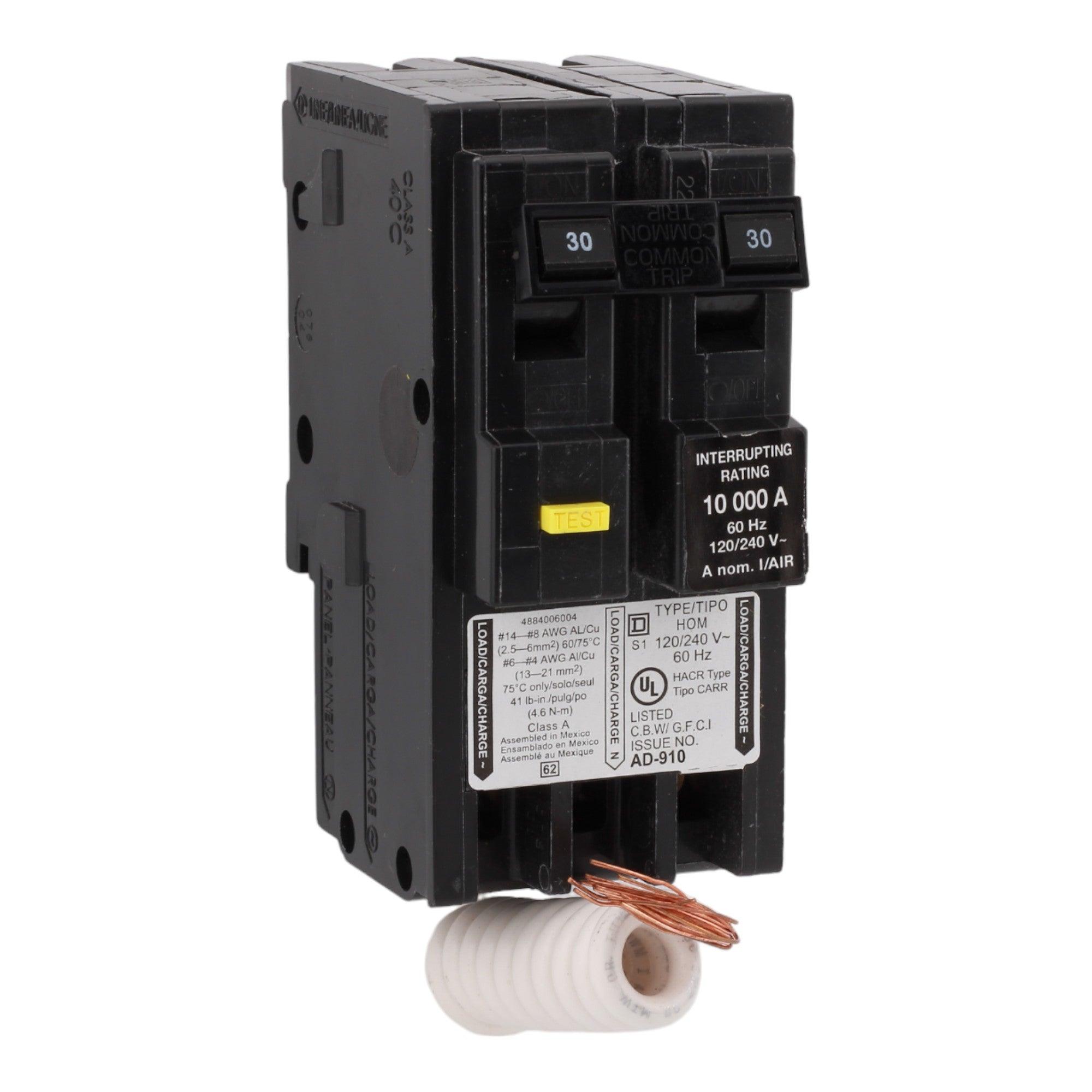 Square D Homeline HOM230GFI 30A 2P 120/240V GFCI Pigtail Neutral Circuit Breaker