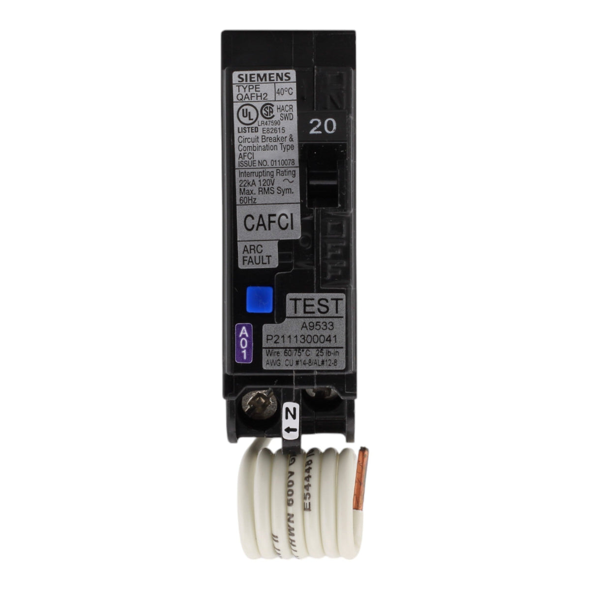 Siemens QA120AFCH, 20 Amps, 120 Volts, Single-Pole Combination AFCI Circuit Breaker, Pigtail Neutral, for Siemens Panels - Image 2
