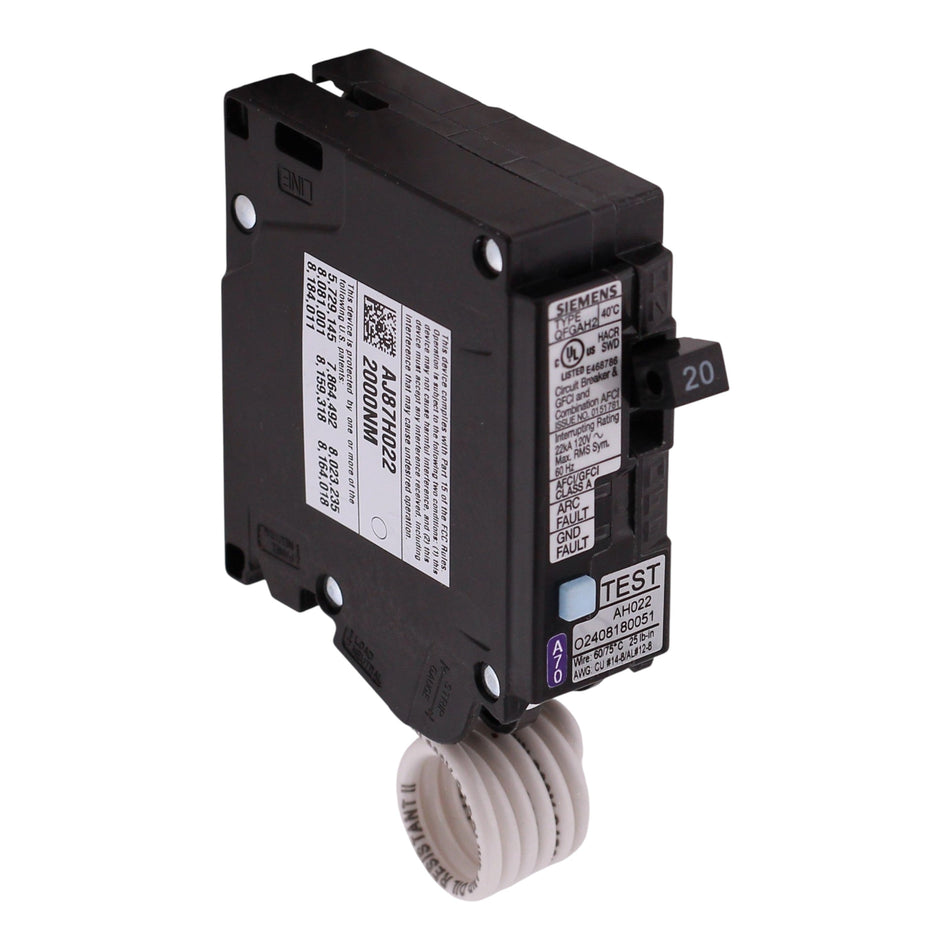 Siemens QFGA2, Q120DFH, 20A, 1P, 120V, Dual Function AFCI/GFCI, Pigtail Neutral, Circuit Breaker