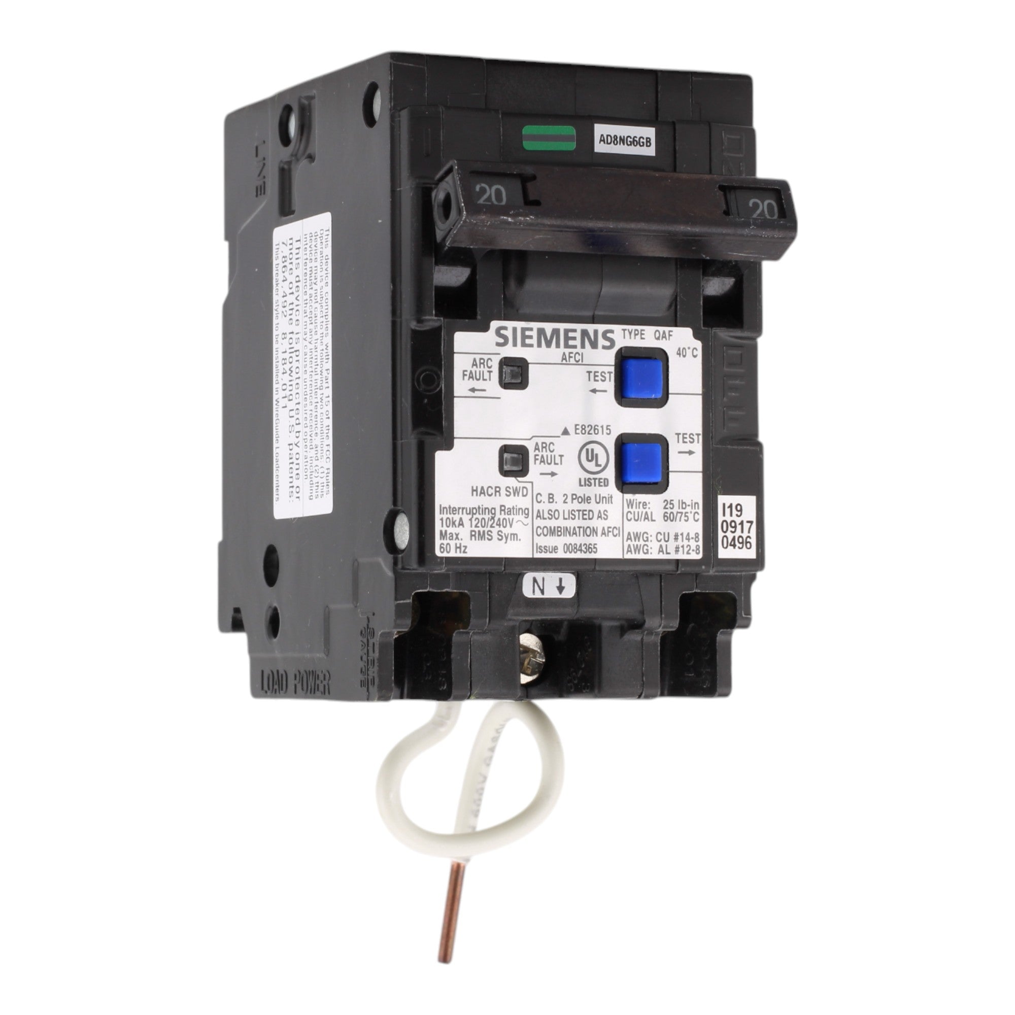 Siemens Q220AFCWG, 20A, 120V, 2-Pole, Combo AFCI Circuit Breaker, 10kA Interrupt Rating, WireGuide Plug-On