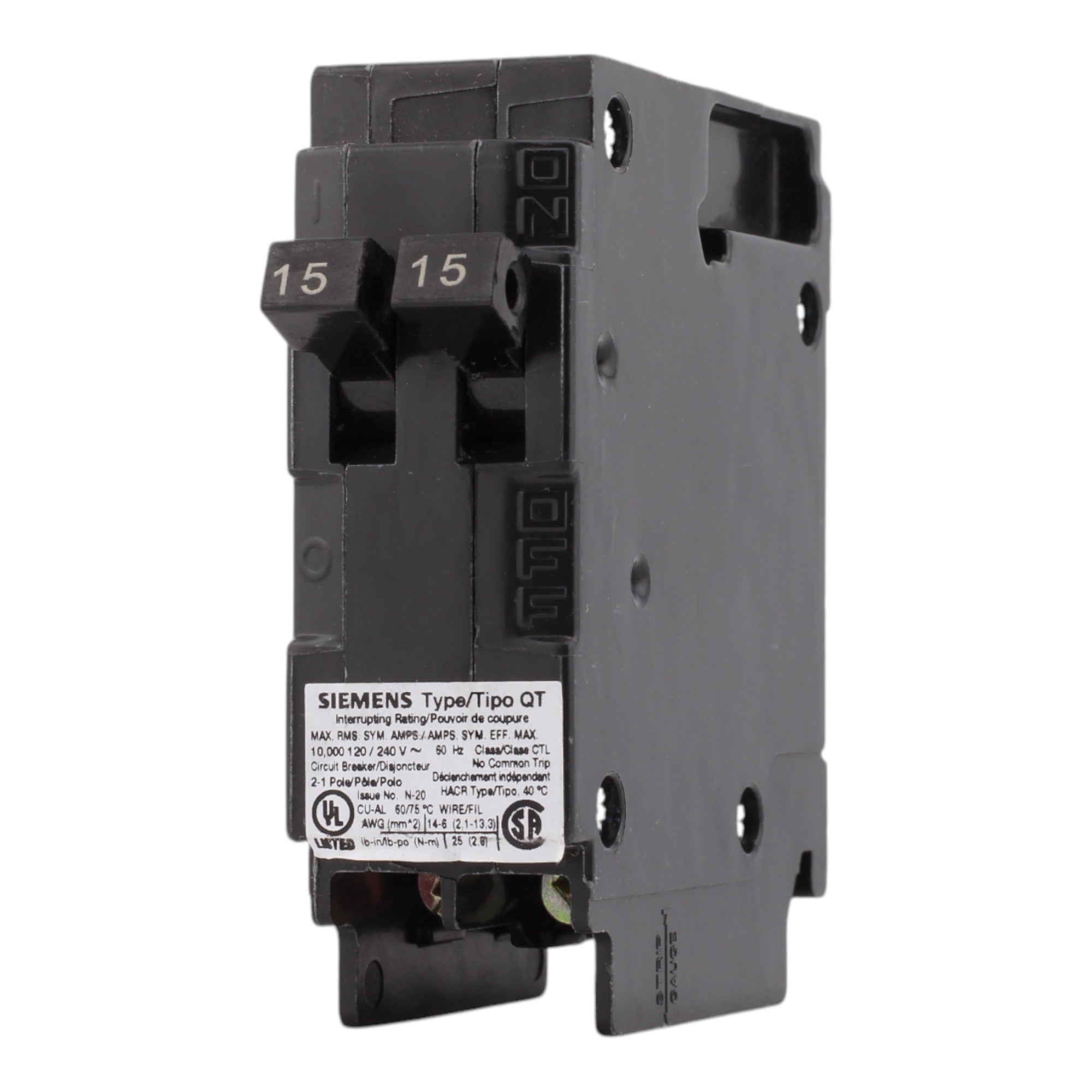 Siemens Q1515 15/15A 120V Duplex Thermal Magnetic Circuit Breaker, Plug-In, 10kA Interrupt, Type QT - Image 3