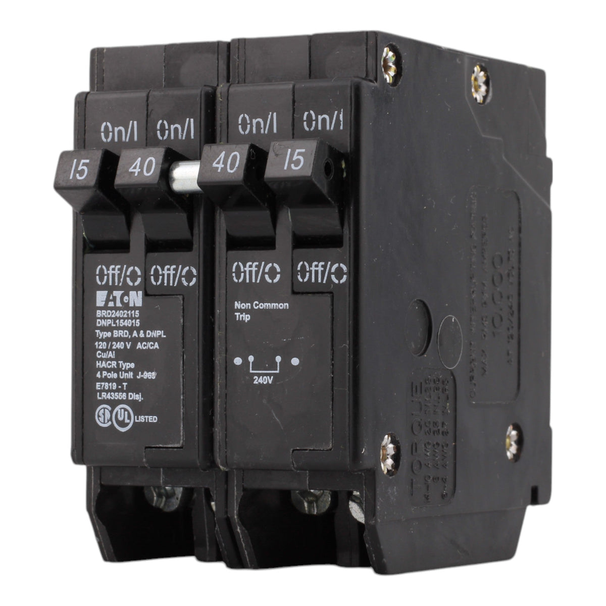 Eaton BRD2402115 / DNPL154015, 15A/15A/40A, 120/240V, Quad Circuit Breaker, 2 1-Pole, 1 2-Pole, Plug-In, for Eaton, Bryant, Westinghouse Panels - Image 3