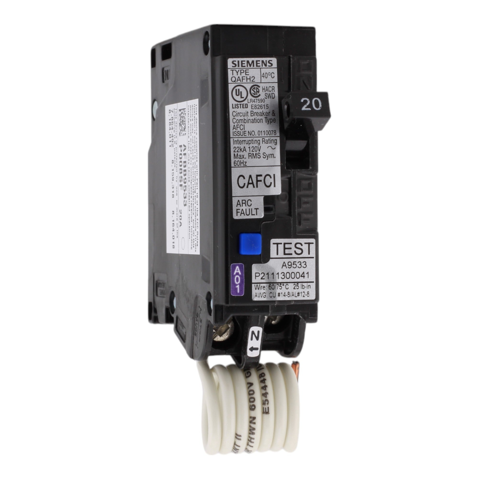 Siemens QA120AFCH, 20 Amps, 120 Volts, Single-Pole Combination AFCI Circuit Breaker, Pigtail Neutral, for Siemens Panels