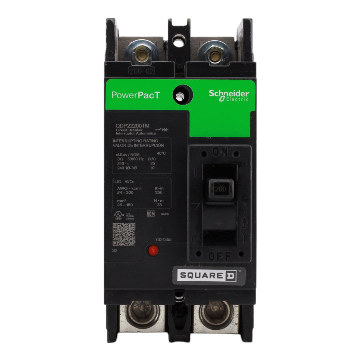 Square D PowerPacT QDP22200TM, 200A, 240V, 2-Pole Molded Case Circuit Breaker, Thermal Magnetic, 25kA, Lugs, for 240VAC Systems - Image 2