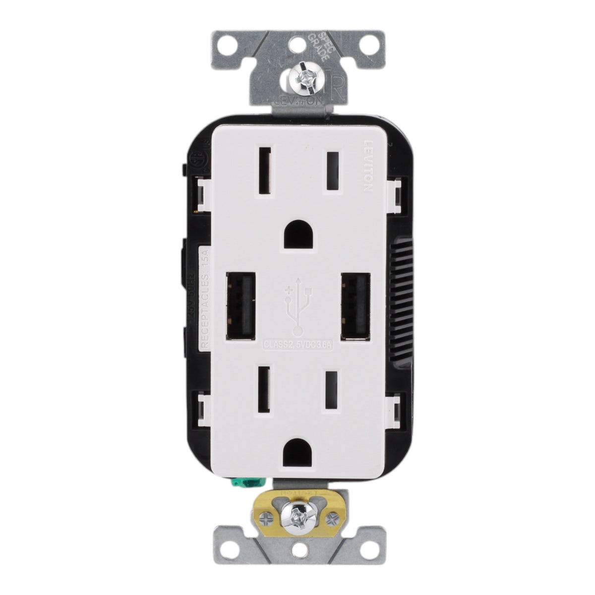 Leviton T5632-SW, 15A, 125V, Tamper-Resistant Duplex Receptacle with 3.6A USB Type-A Charger, White