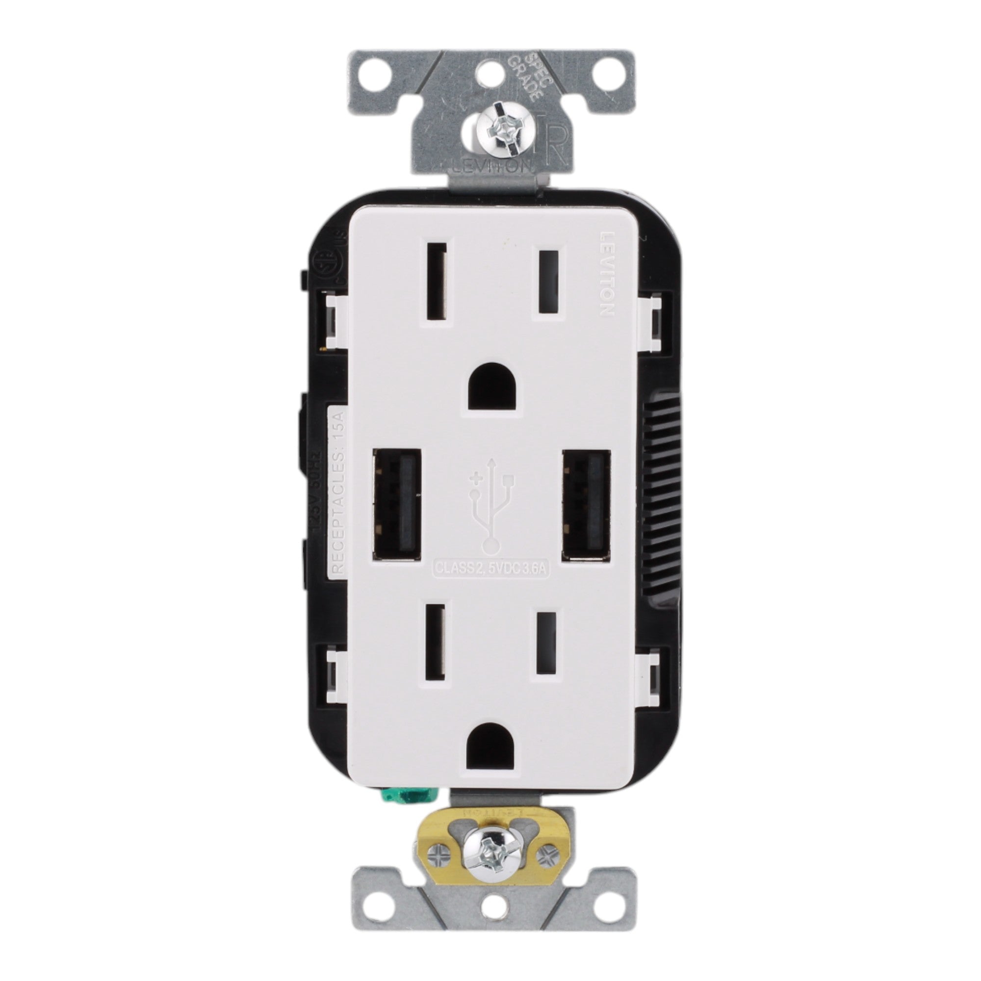 Leviton T5632-SW, 15A, 125V, Tamper-Resistant Duplex Receptacle with 3.6A USB Type-A Charger, White