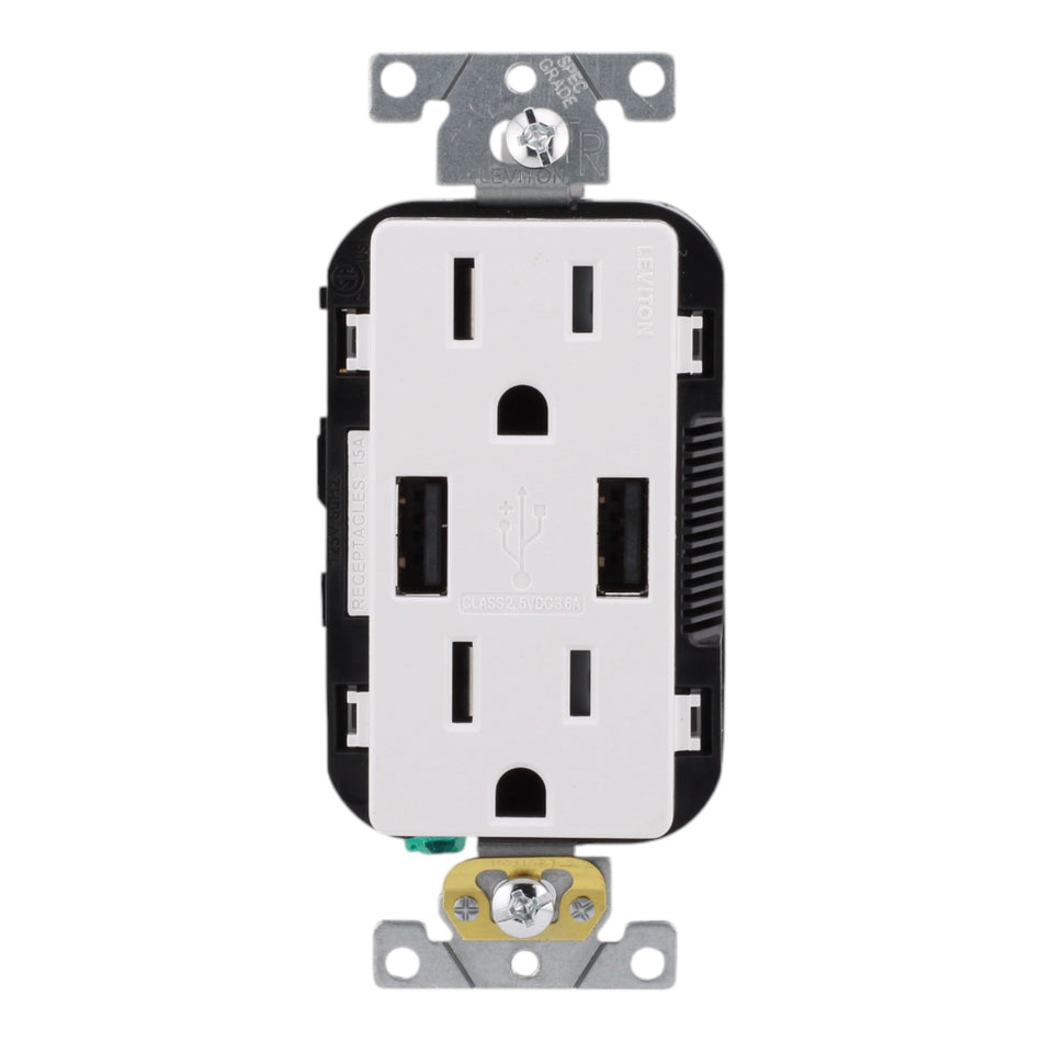 Leviton T5632-SW, 15A, 125V, Tamper-Resistant Duplex Receptacle with 3.6A USB Type-A Charger, White