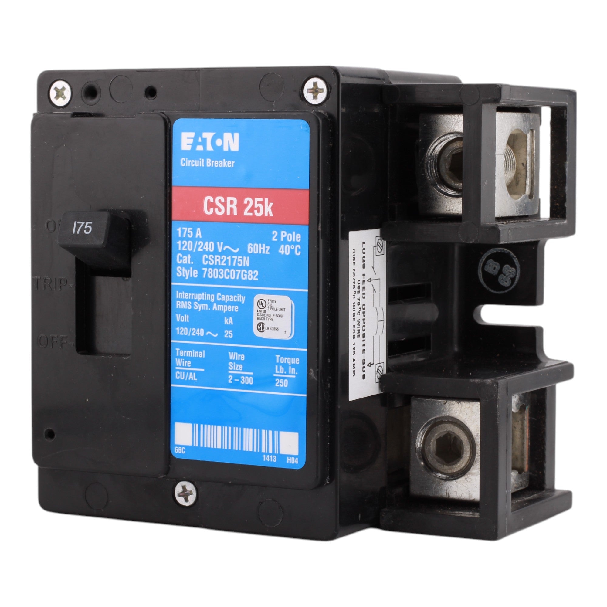 Eaton CSR2175N Main Circuit Breaker, 175A, 120/240V, 2-Pole, 25kAIC, CH Frame, #2-300 kcmil Wire Size - Image 3