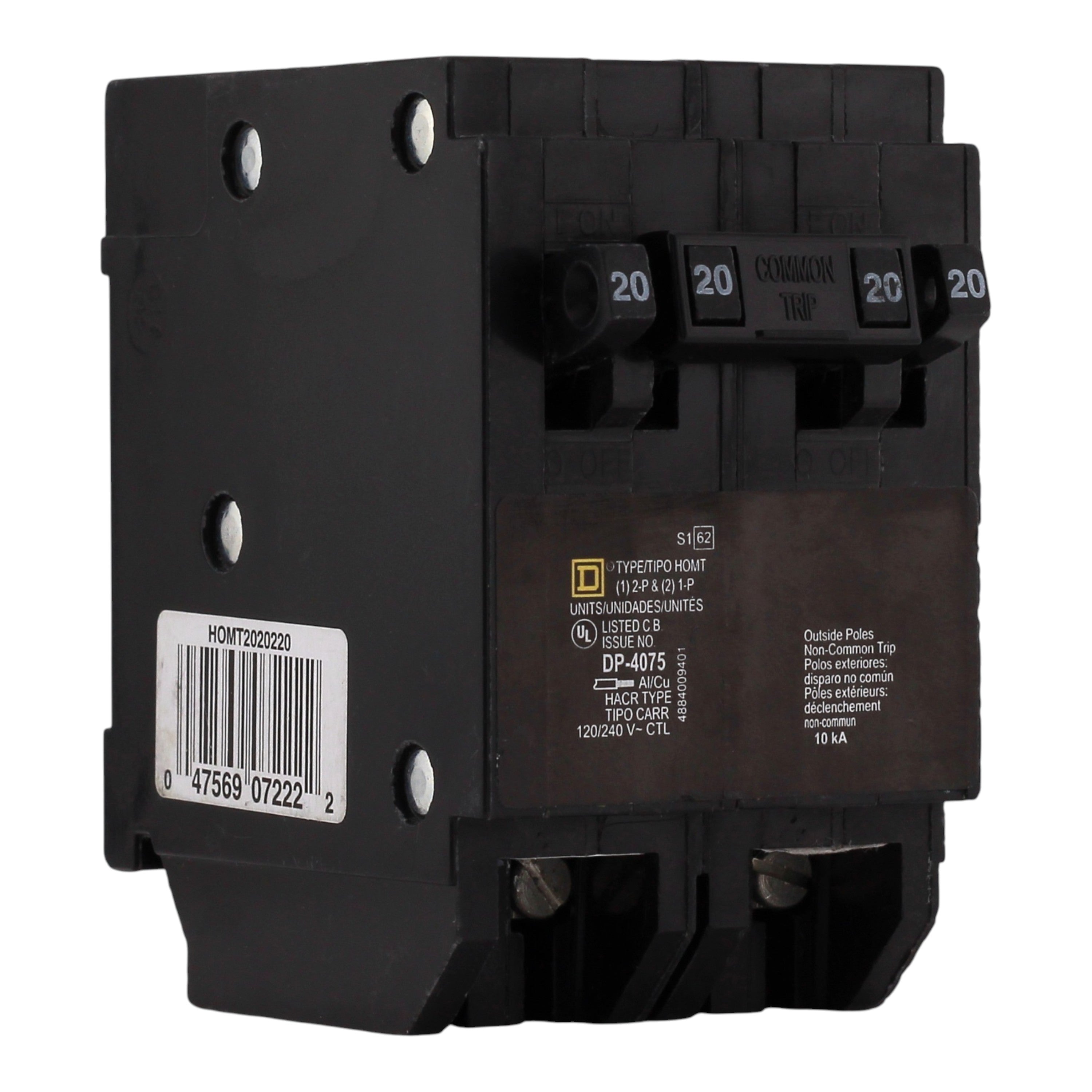 Square D Homeline HOMT2020220 20A Quad Tandem (2x1P 20A + 1x2P 20A) 120/240V Circuit Breaker