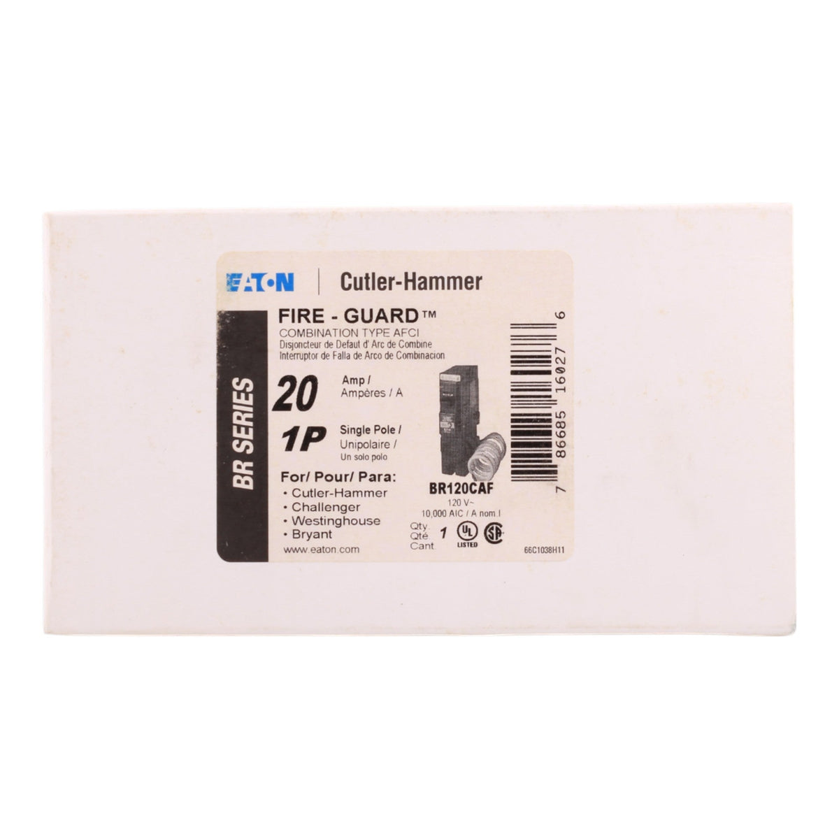 Eaton BR120CAF 20A 1P 120/240V AFCI Pigtail Neutral Circuit Breaker - Image 3