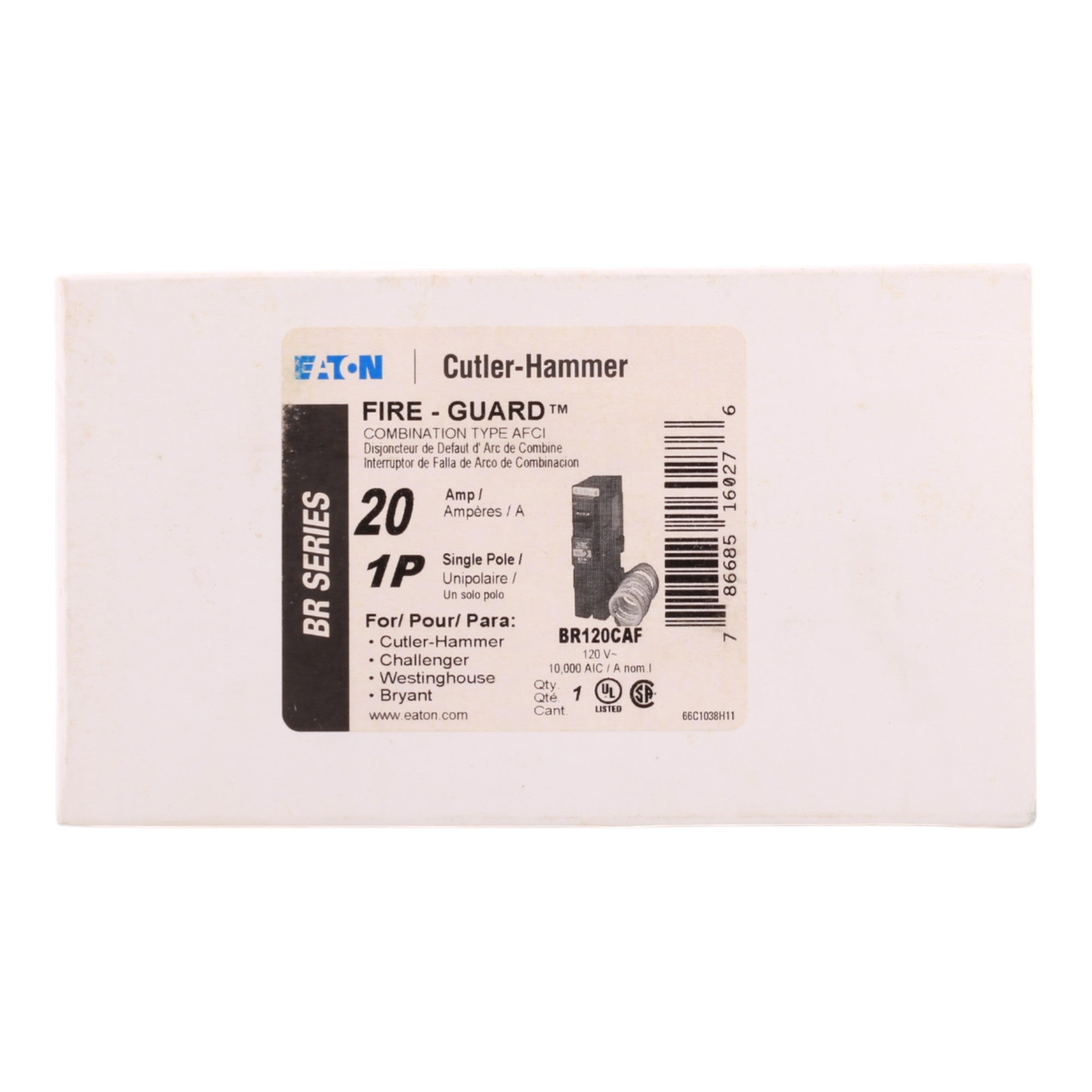 Eaton BR120CAF 20A 1P 120/240V AFCI Pigtail Neutral Circuit Breaker - Image 3