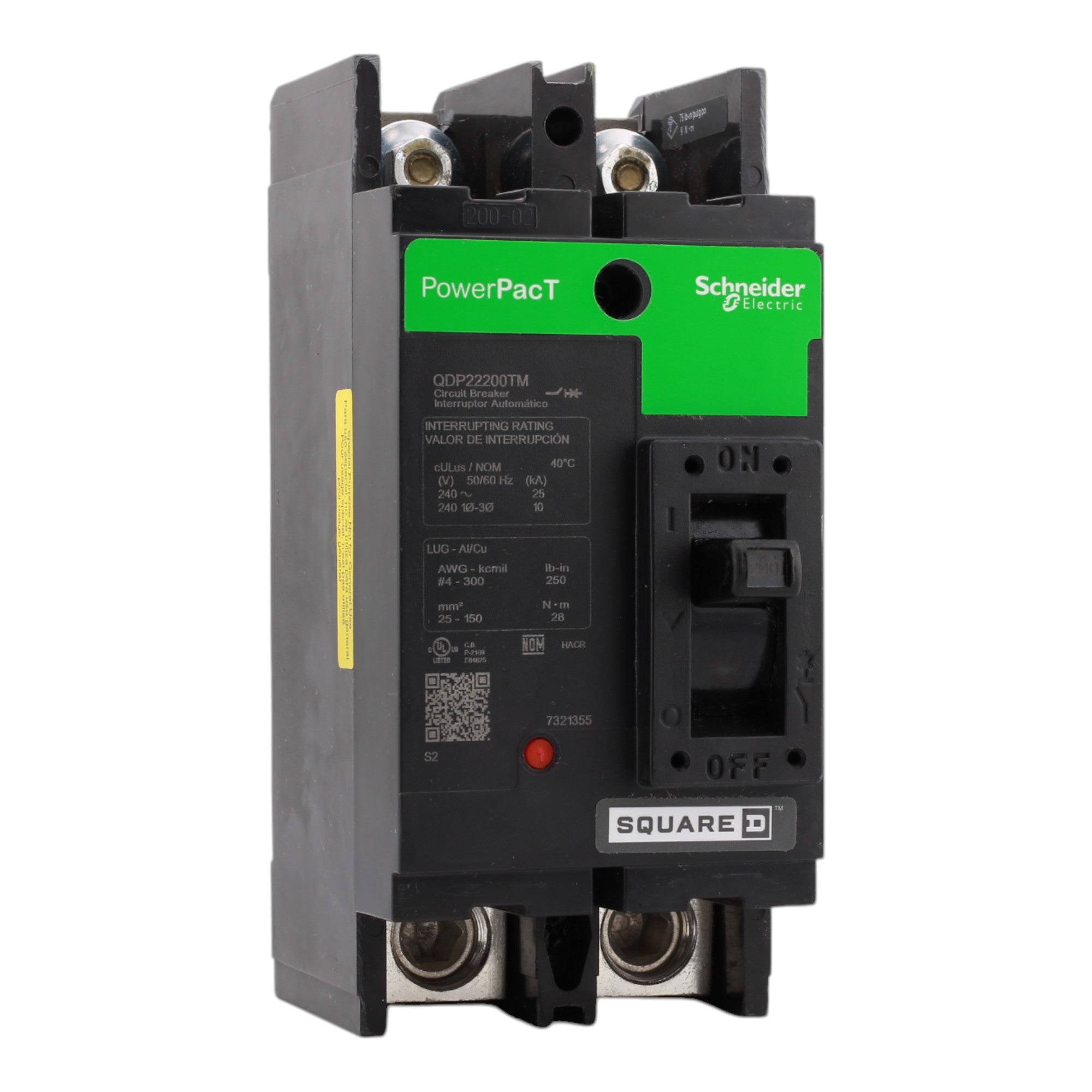 Square D PowerPacT QDP22200TM, 200A, 240V, 2-Pole Molded Case Circuit Breaker, Thermal Magnetic, 25kA, Lugs, for 240VAC Systems