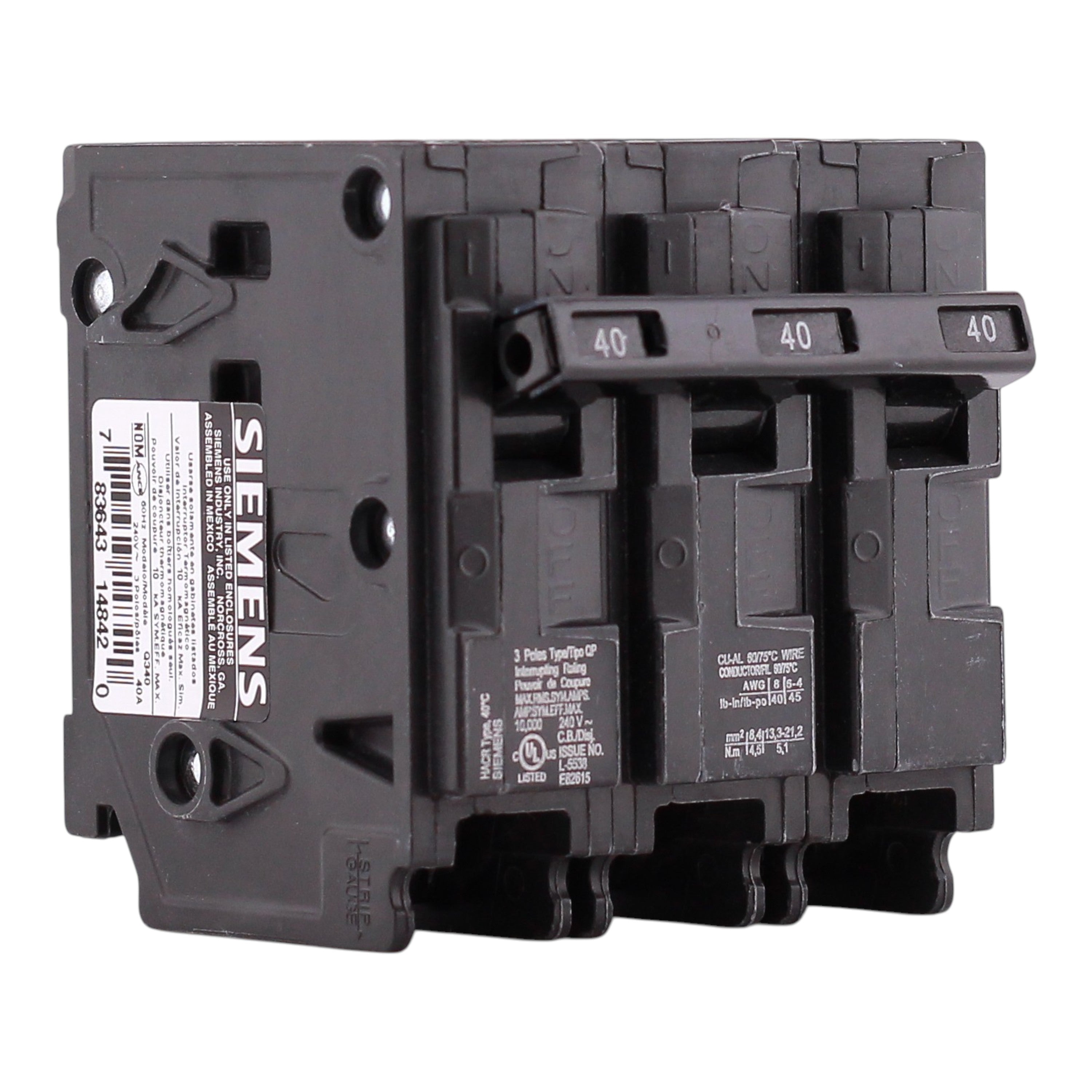 Siemens QP, Q340, 40A, 3P, 240V, Thermal Magnetic, Plug-In, Circuit Breaker