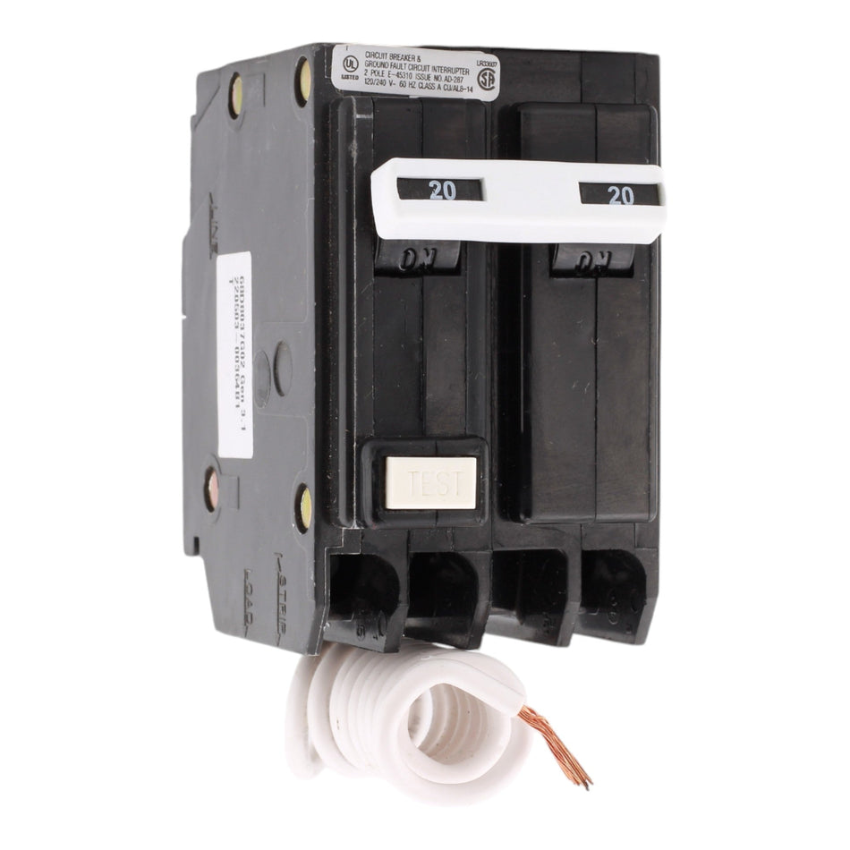 Eaton GFTCB220 20A 2-Pole BR GFCI Circuit Breaker, Plug-On, 240V, UL