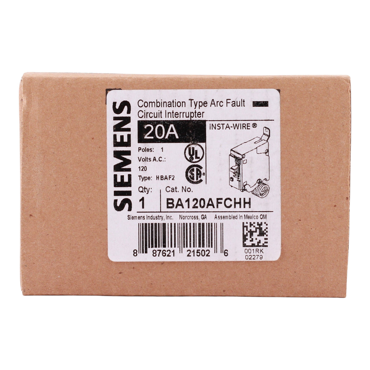 Siemens BA120AFCHH, 20A, 120V, 1-Pole, AFCI Circuit Breaker, 65kA Interrupt Rating, Thermal Magnetic, Panelboard Mounting - Image 3
