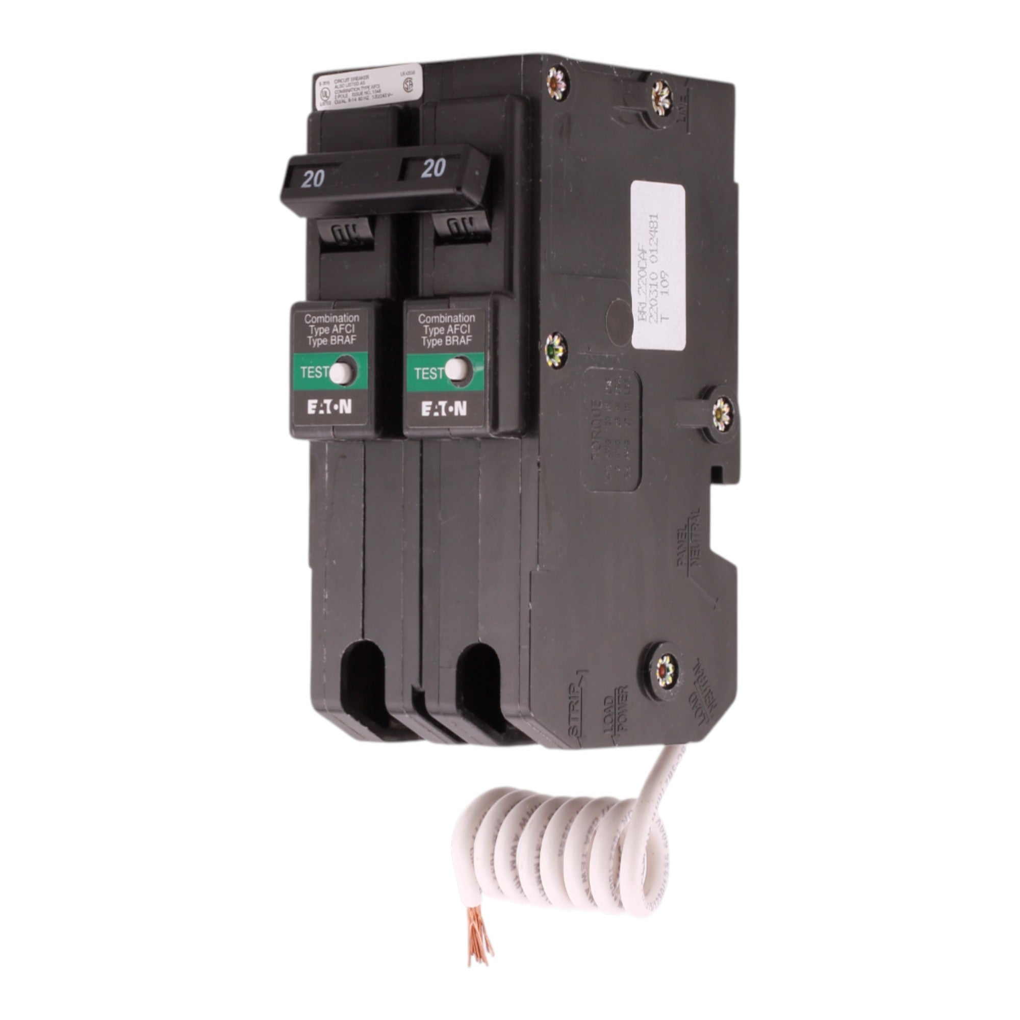 Eaton BR BRL220CAF 20A 2P 120/240V AFCI Pigtail Neutral Circuit Breaker - Image 2