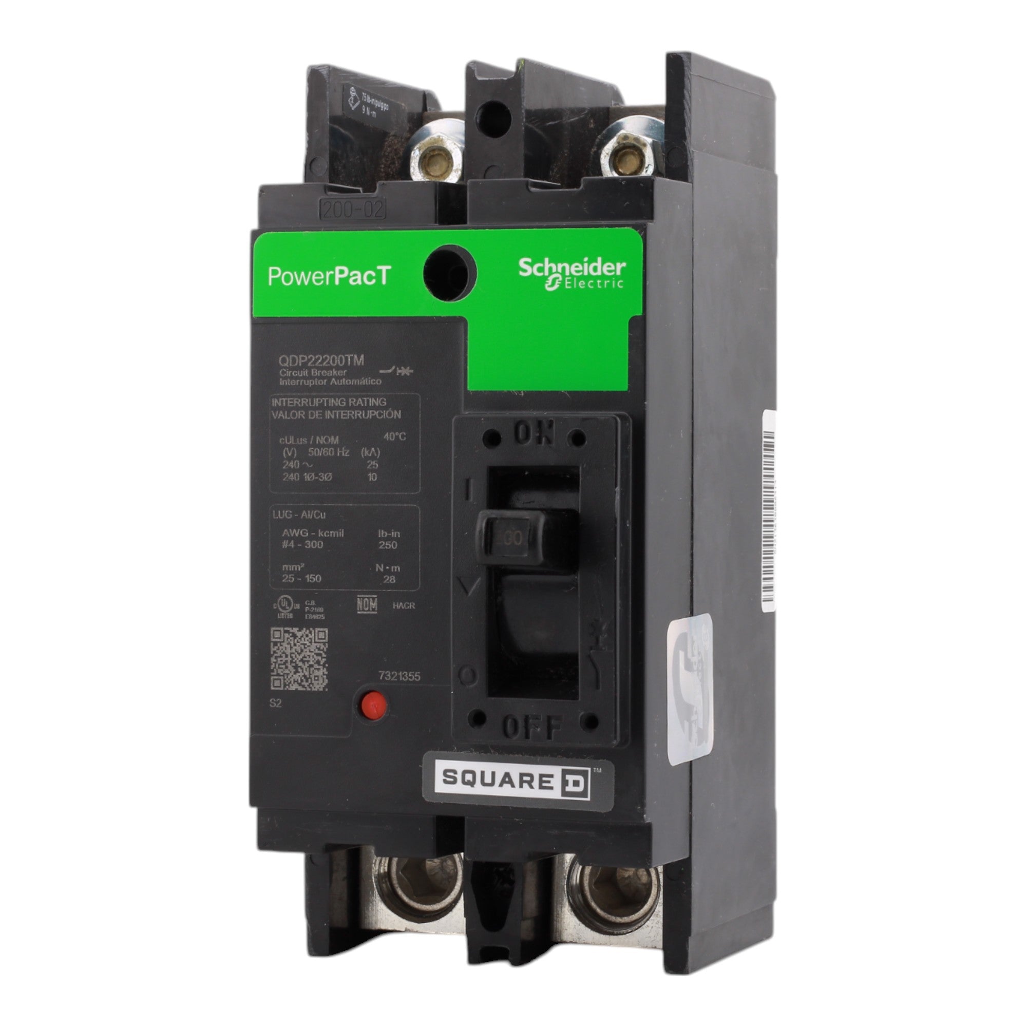 Square D PowerPacT QDP22200TM, 200A, 240V, 2-Pole Molded Case Circuit Breaker, Thermal Magnetic, 25kA, Lugs, for 240VAC Systems - Image 3
