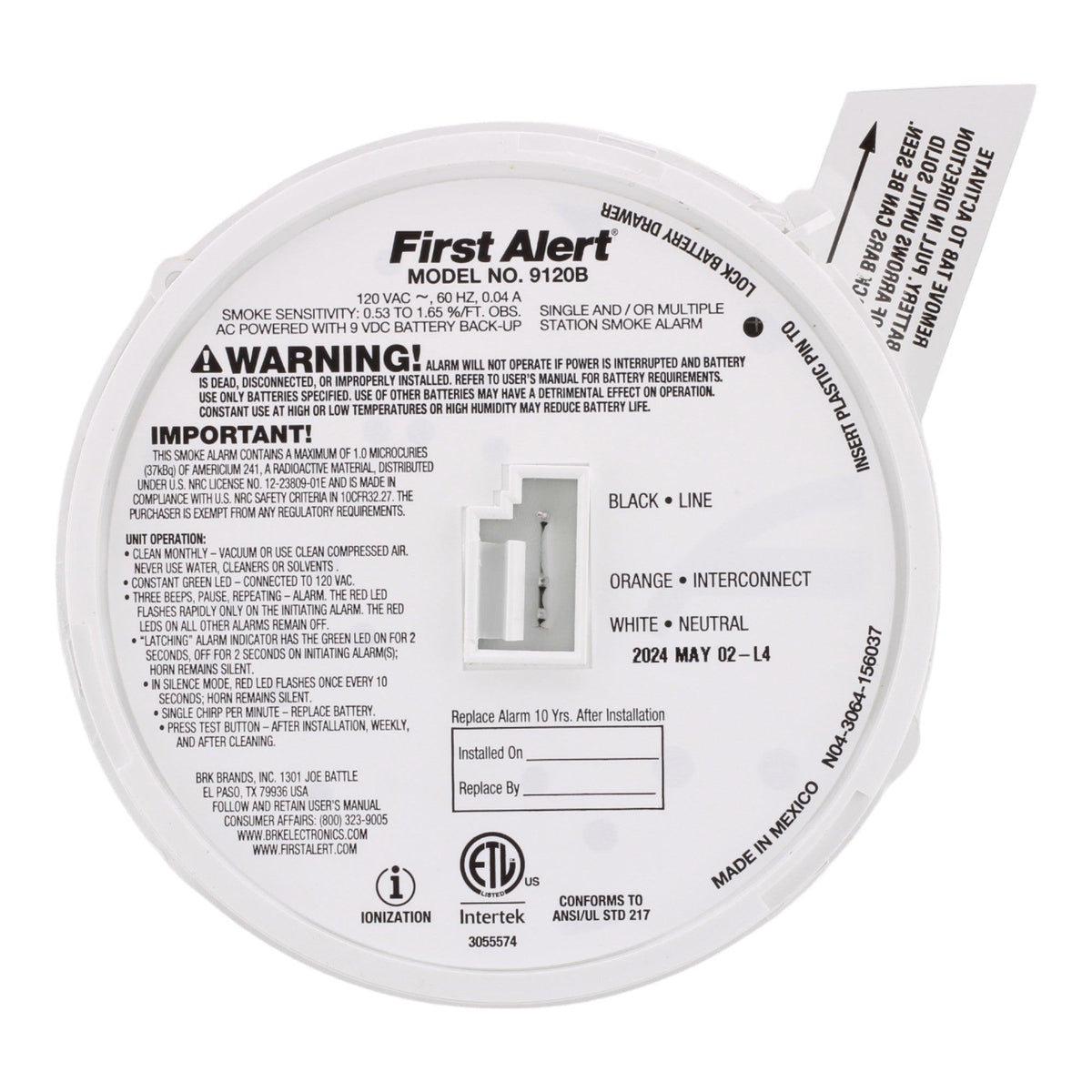 BRK 9120B Hardwired 120V Ionization Smoke Alarm with 9V Battery - Image 7