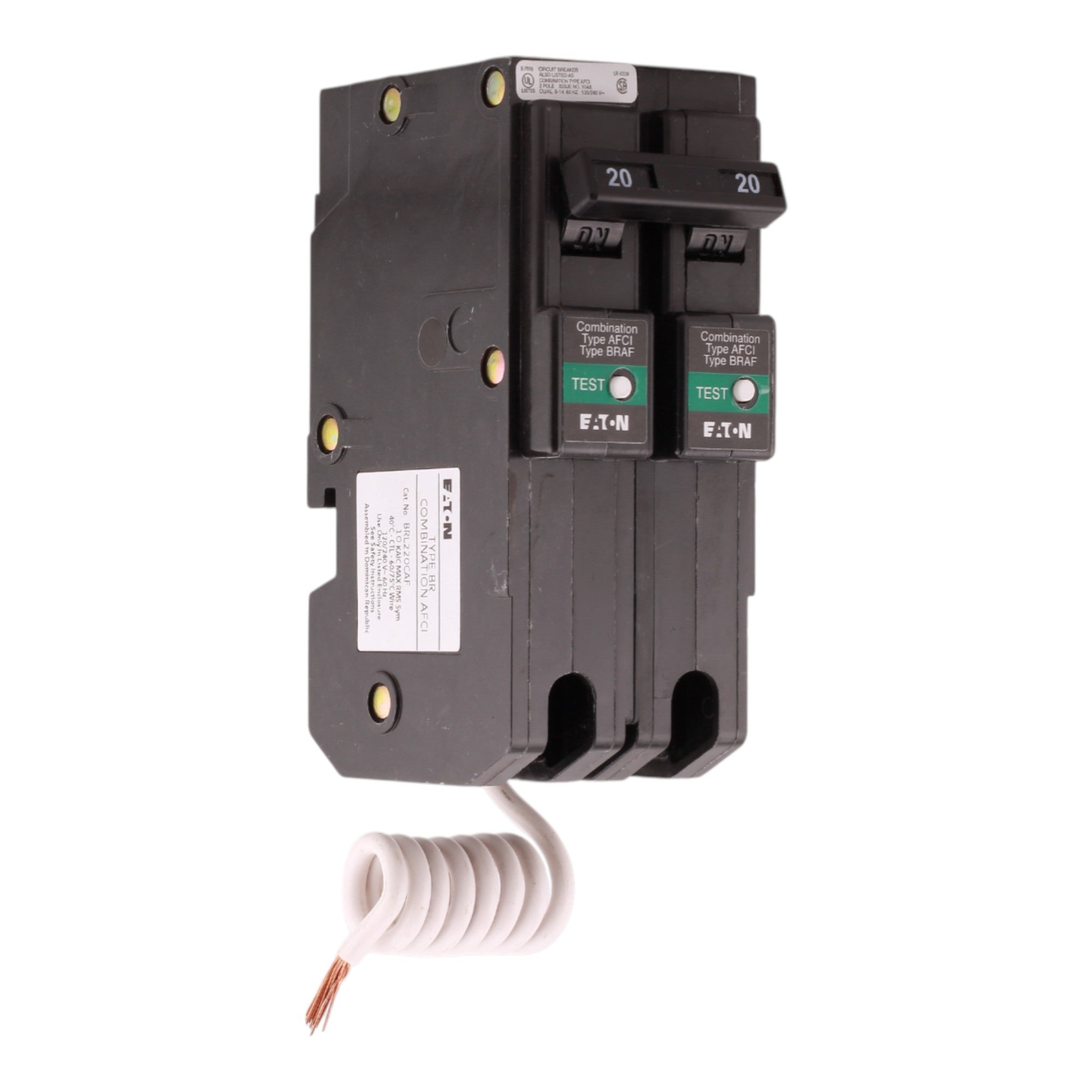 Eaton BR BRL220CAF 20A 2P 120/240V AFCI Pigtail Neutral Circuit Breaker