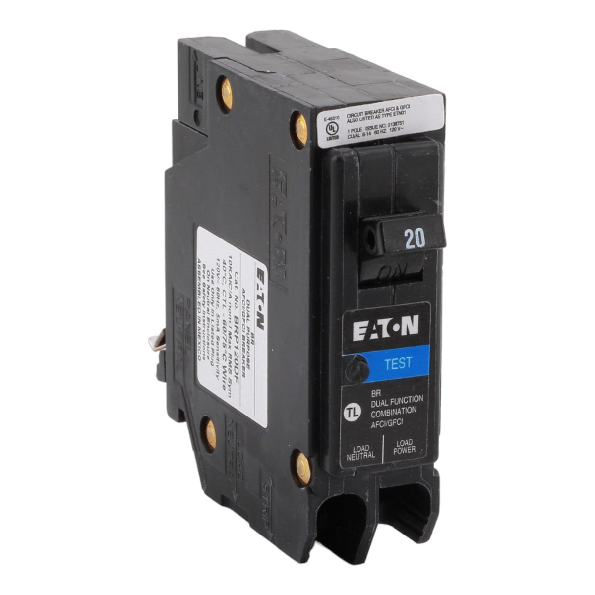 Eaton BR, BRP120DF, 20A, 1P, 120V, AFCI/GFCI, Plug on Neutral, Circuit Breaker