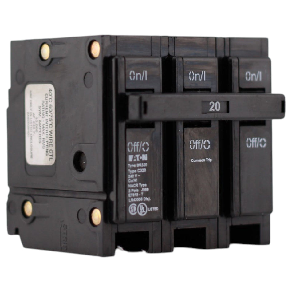Eaton BR, BR320, 20A, 3P, 240V, Thermal Magnetic, Plug-In, Circuit Breaker