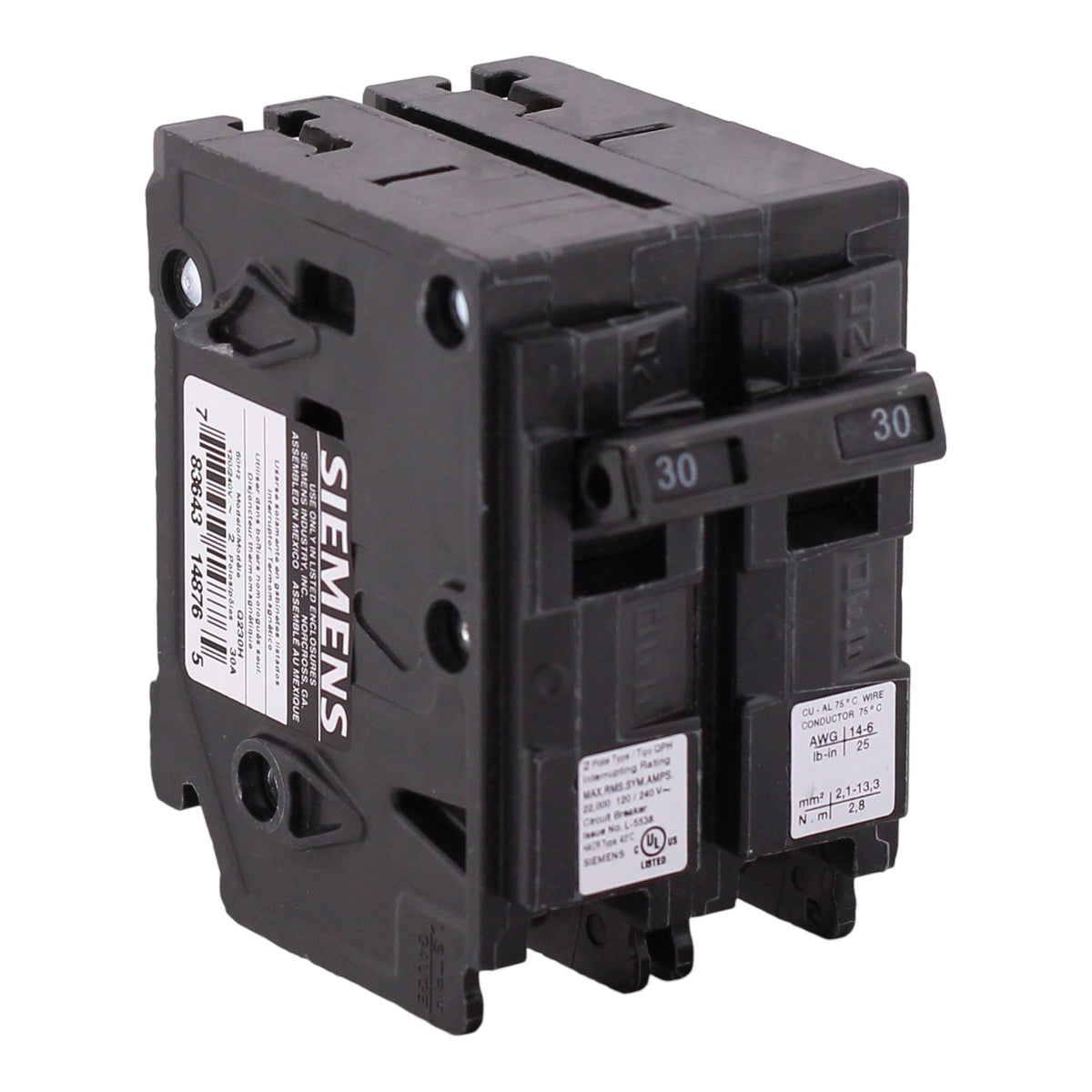 Siemens QP, Q230H, 30A, 2P, 120/240V, 22kAIC, Thermal Magnetic, Circuit Breaker