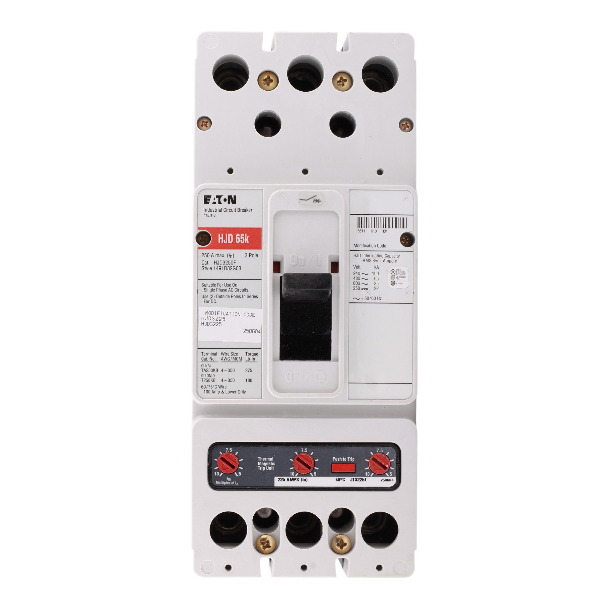 Eaton Series C HJD3225 225A 3P 600V Molded Case Circuit Breaker - Image 4