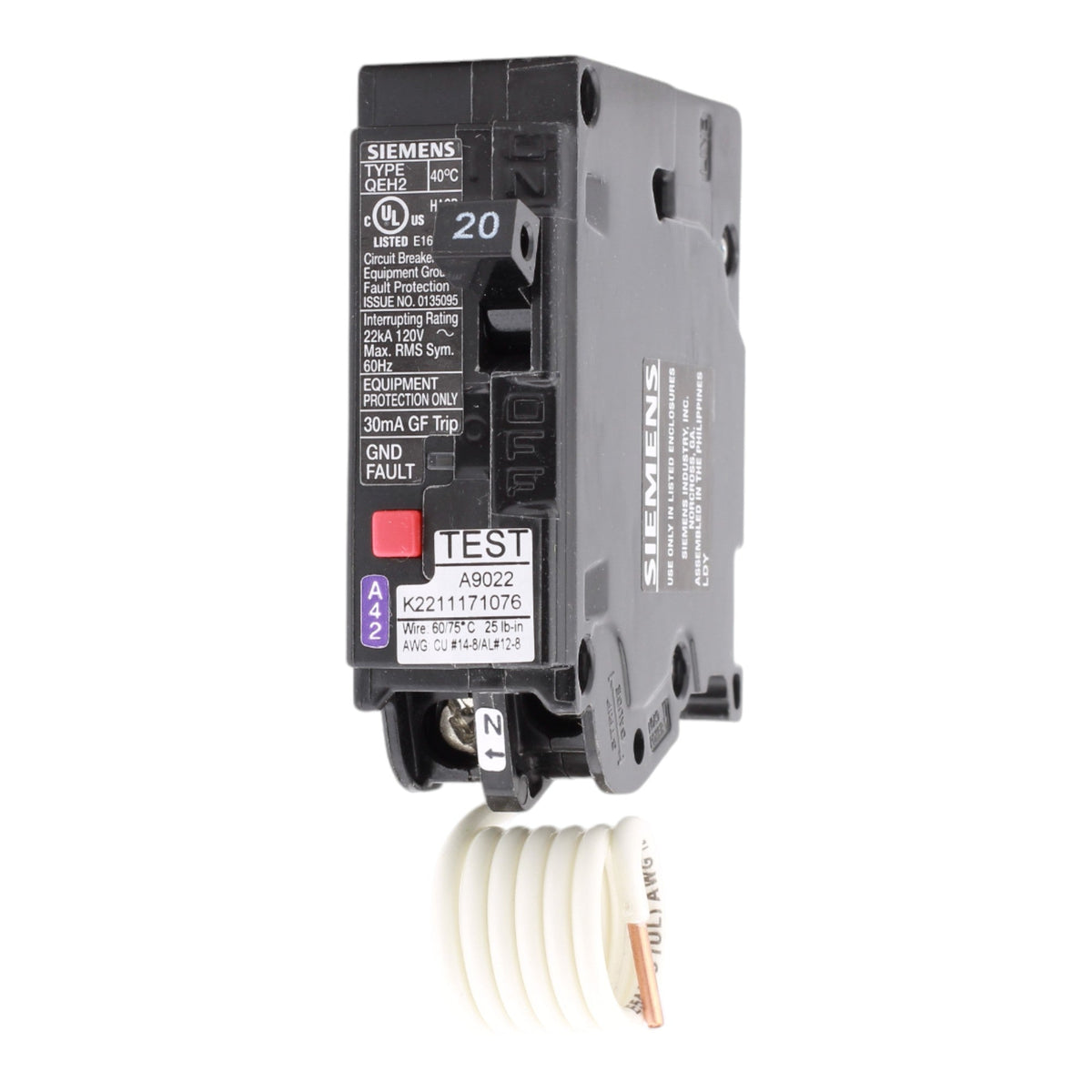 Siemens QE120H 20 Amp Single Pole 120V Pigtail Neutral GFCI Equipment Protection Circuit Breaker UL - Image 3