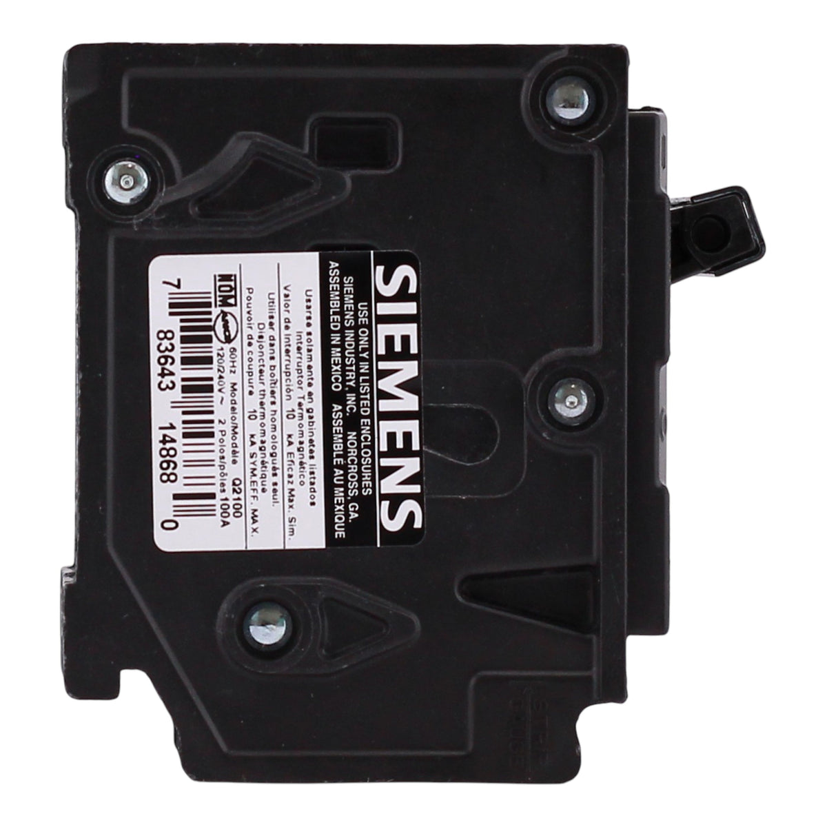 Siemens Q2100 100 Amps 120/240 Volts Double Pole Thermal Magnetic Circuit Breaker, Plug-In Mount - Image 4