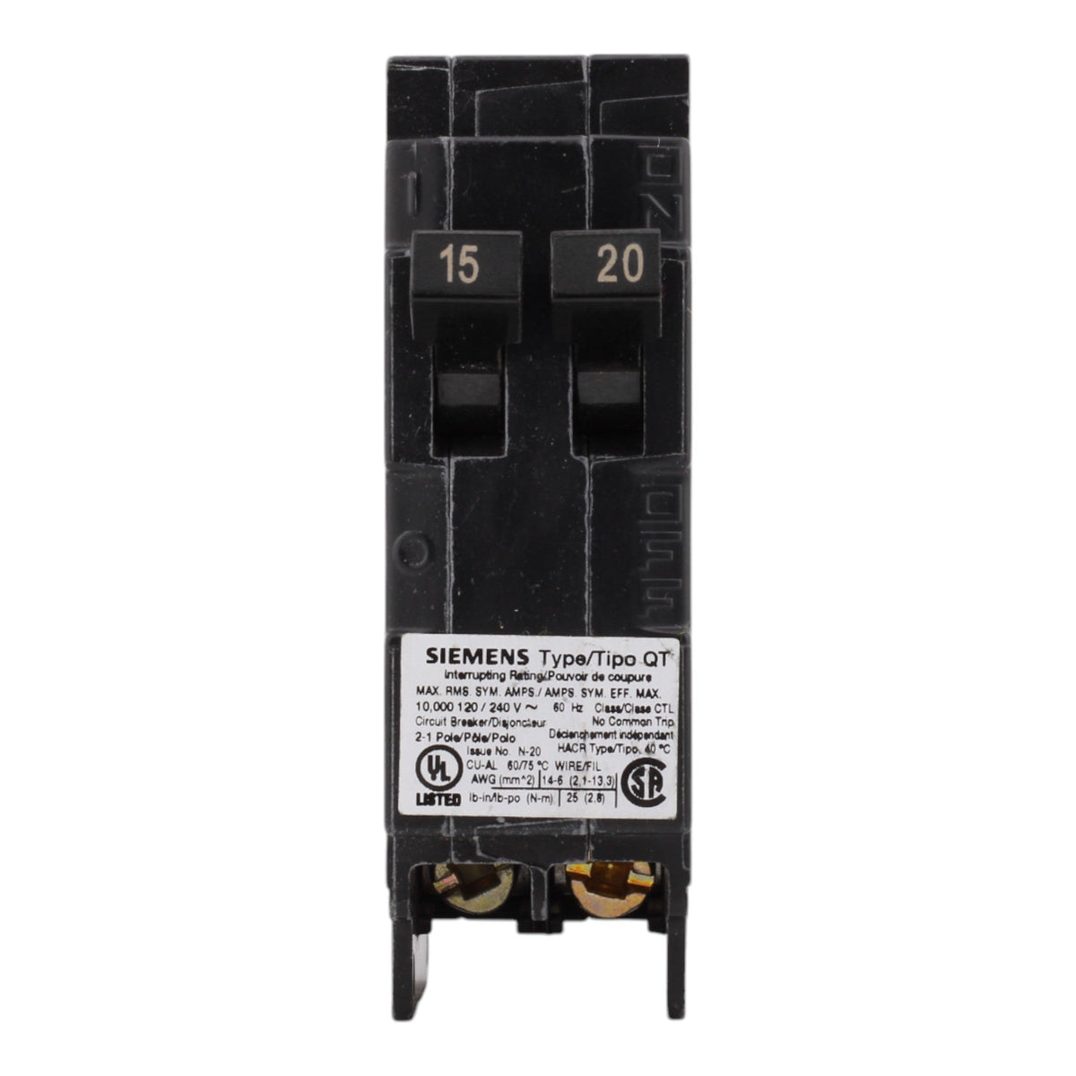 Siemens Q1520 15/20A 120V Duplex Thermal Magnetic Circuit Breaker, Plug-In, 10kA Interrupt, Type QT - Image 2