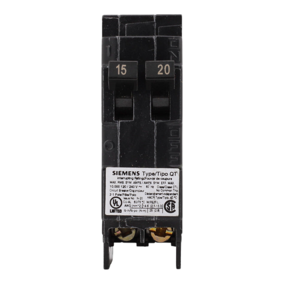 Siemens Q1520 15/20A 120V Duplex Thermal Magnetic Circuit Breaker, Plug-In, 10kA Interrupt, Type QT - Image 2