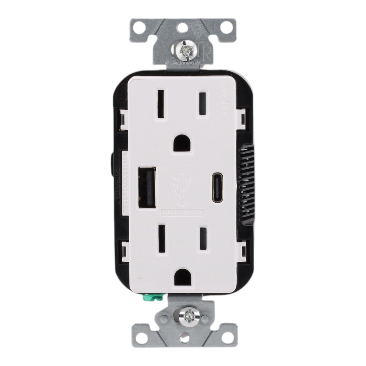 Leviton T5633-W, 15A, 125V, Tamper-Resistant Outlet with 5.1A USB Type-A/Type-C Charger, White