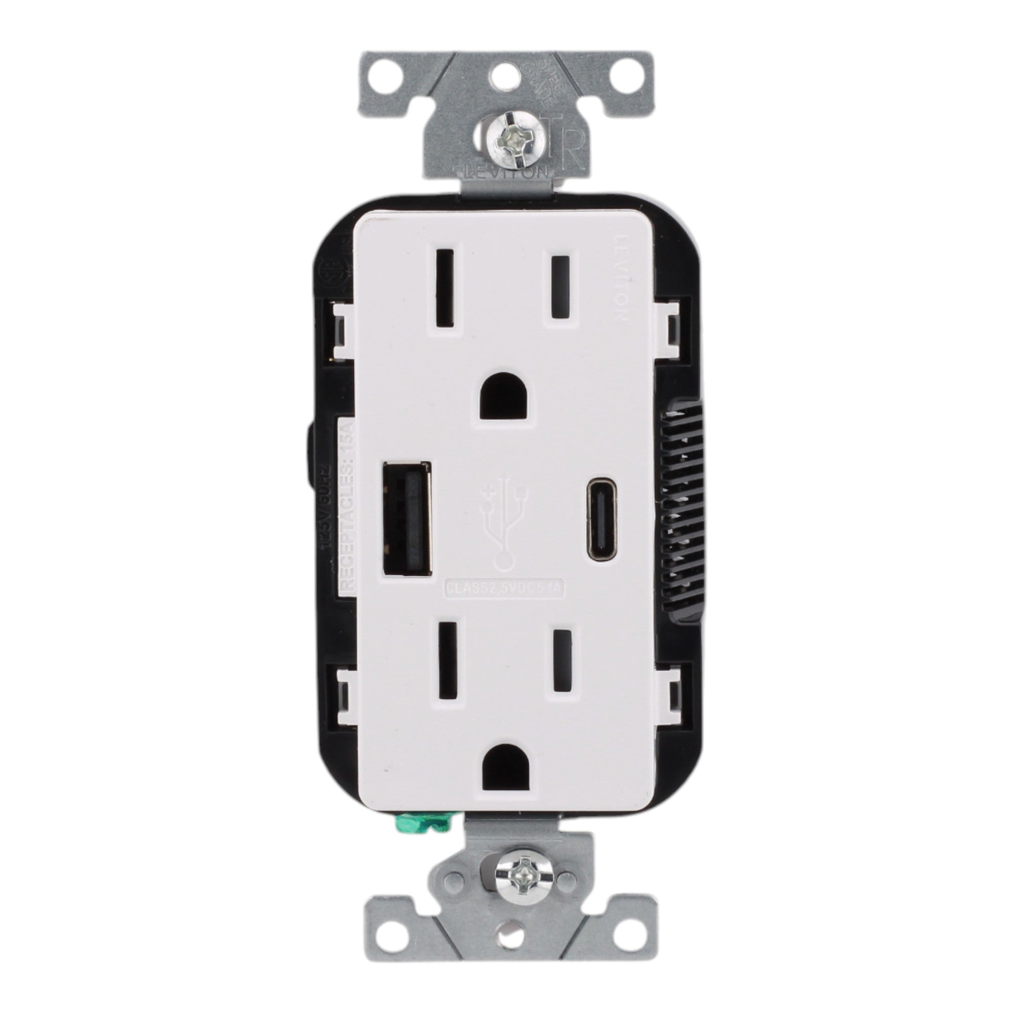 Leviton T5633-W, 15A, 125V, Tamper-Resistant Outlet with 5.1A USB Type-A/Type-C Charger, White