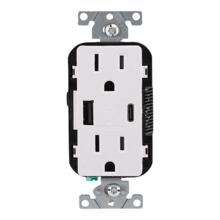 Leviton T5633-W, 15A, 125V, Tamper-Resistant Outlet with 5.1A USB Type-A/Type-C Charger, White