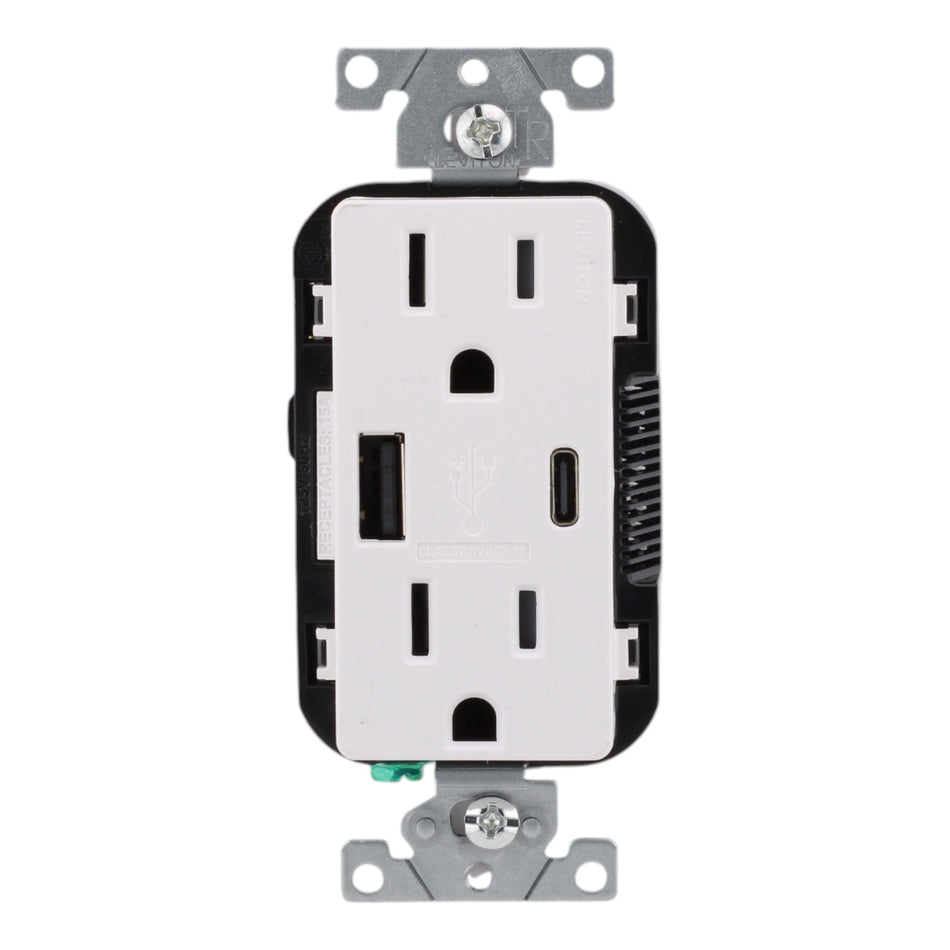 Leviton T5633-W, 15A, 125V, Tamper-Resistant Outlet with 5.1A USB Type-A/Type-C Charger, White