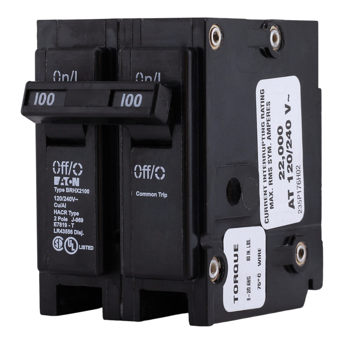 Eaton BR BRHX2100 100A 2P 120/240V 22kA Thermal Magnetic Circuit Breaker - Image 2