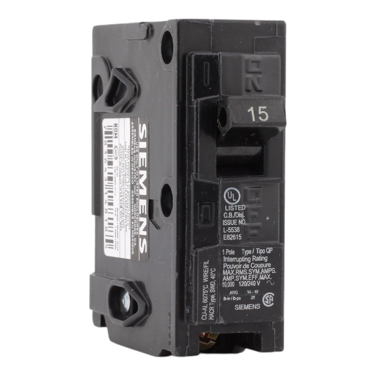 Siemens Q115 15 Amps 120 Volts Single Pole Thermal Magnetic Circuit Breaker Plug-In Type QP