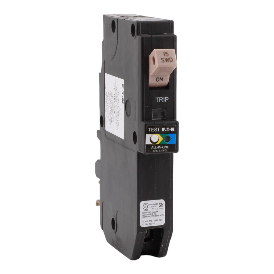 Eaton CHFP115A1CS 15 Amps 120 Volts Single Pole All in One AFCI/GFCI Circuit Breaker Plug-On Neutral for CH Loadcenters