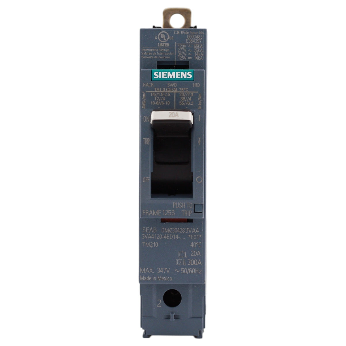 Siemens 3VA41, 3VA4120-4ED14-0AA0, 20A, 1P, 600V, Thermal Magnetic, Circuit Breaker - Image 2