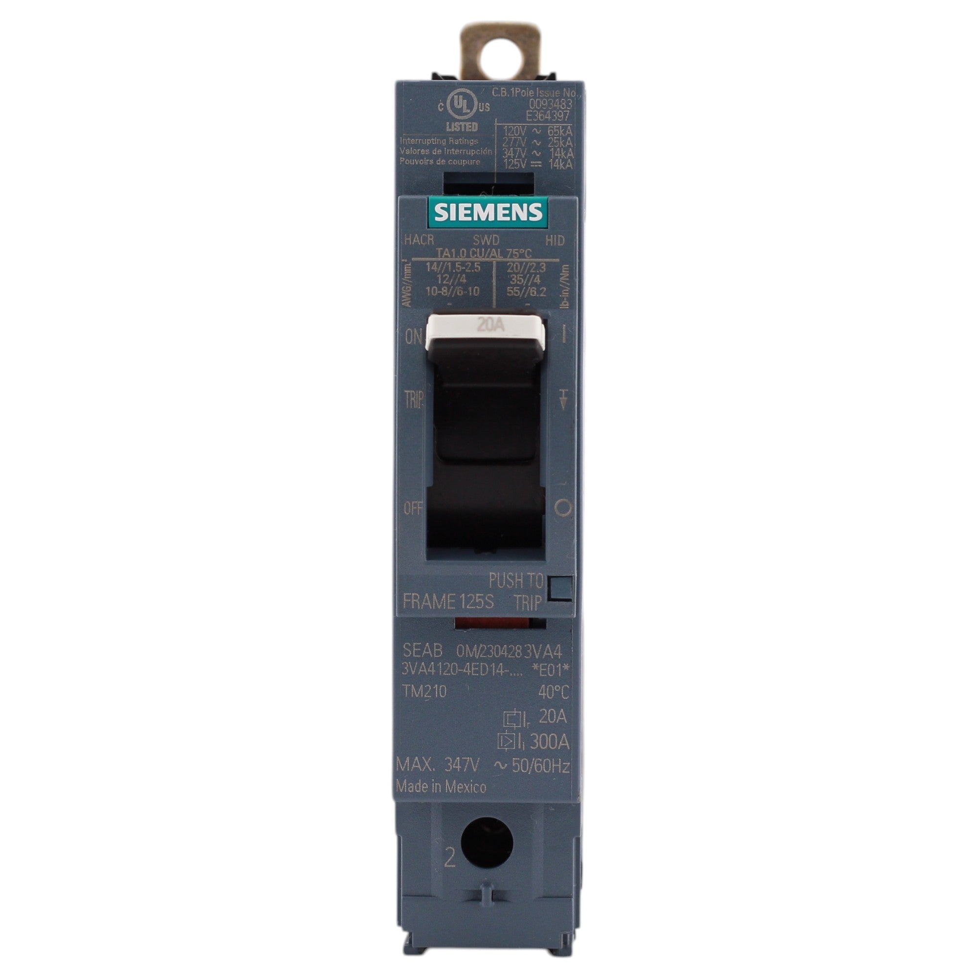 Siemens 3VA41, 3VA4120-4ED14-0AA0, 20A, 1P, 600V, Thermal Magnetic, Circuit Breaker - Image 2