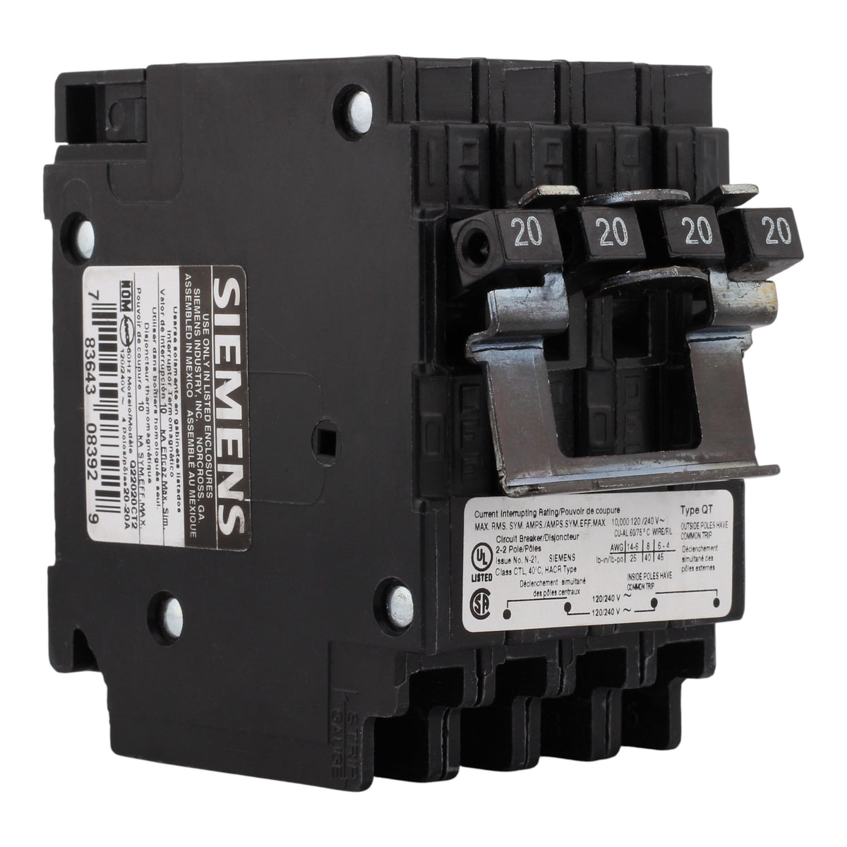Siemens QT Q22020CT2 20A 2P 120/240V Duplex Circuit Breaker