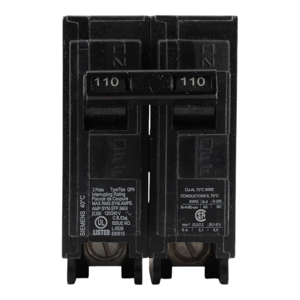 Siemens Q2110H 110A 2P 120/240V Thermal-Magnetic Circuit Breaker - Image 2