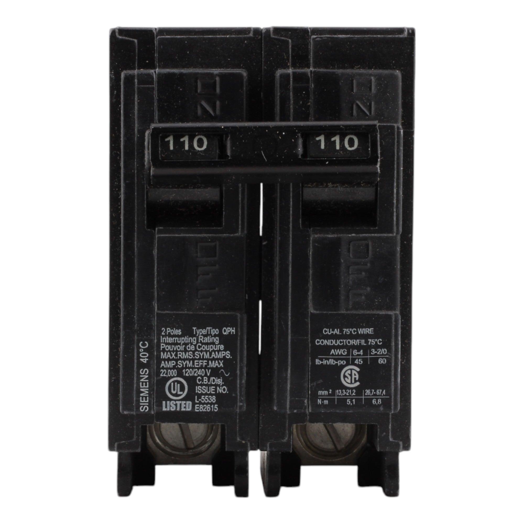 Siemens Q2110H 110A 2P 120/240V Thermal-Magnetic Circuit Breaker - Image 2