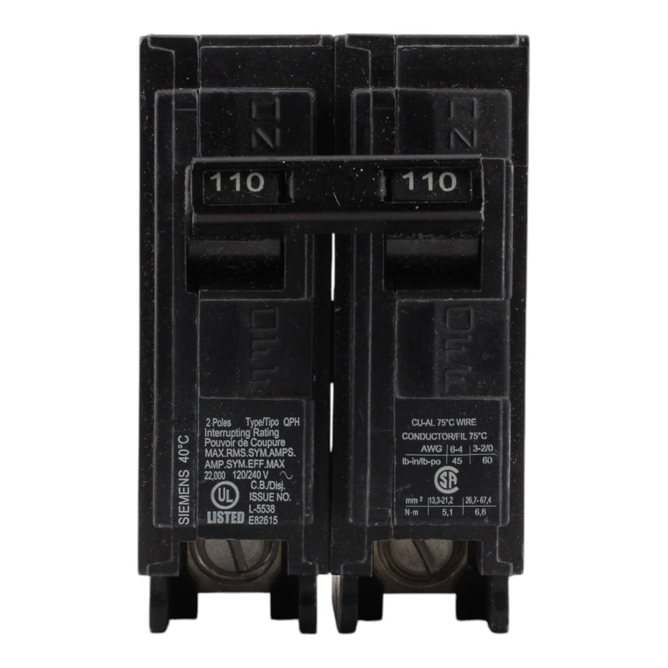 Siemens Q2110H 110A 2P 120/240V Thermal-Magnetic Circuit Breaker - Image 2