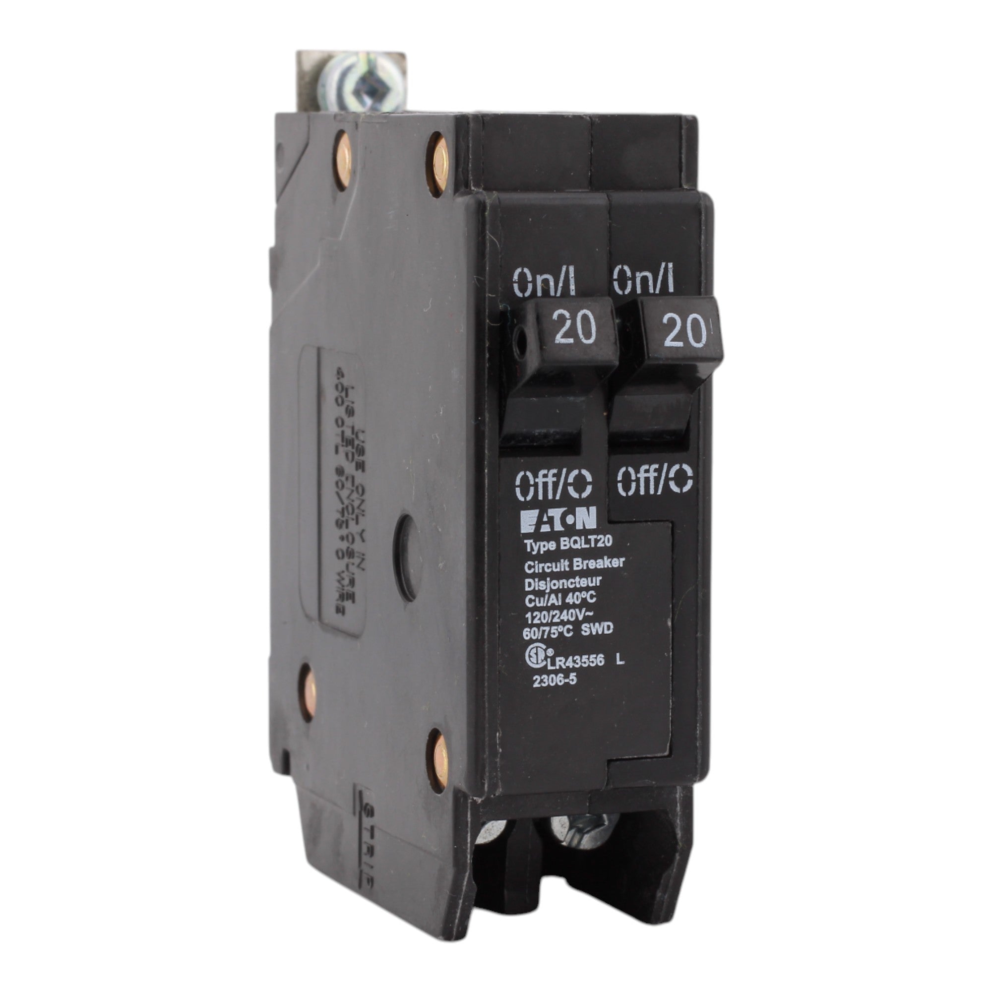 Eaton BQLT20 20A 120/240V 2-Pole Tandem Thermal Magnetic Circuit Breaker, Bolt-On, 10kA Interrupt, Type BQL, for Eaton Panels