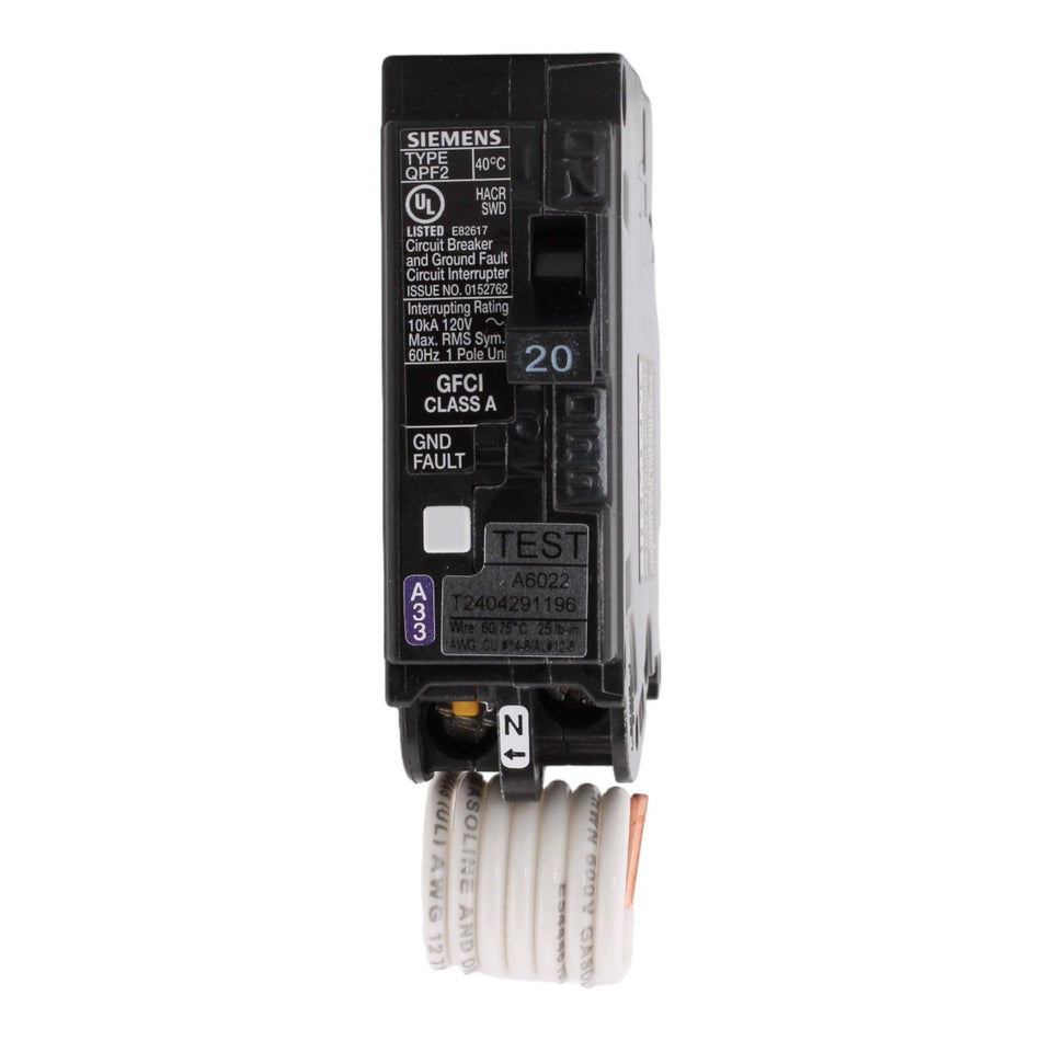 Siemens QF120A, 20 Amp, 120 Volt, Single Pole, GFCI Circuit Breaker, Pigtail-Neutral Connection, For Siemens Load Centers - Image 2