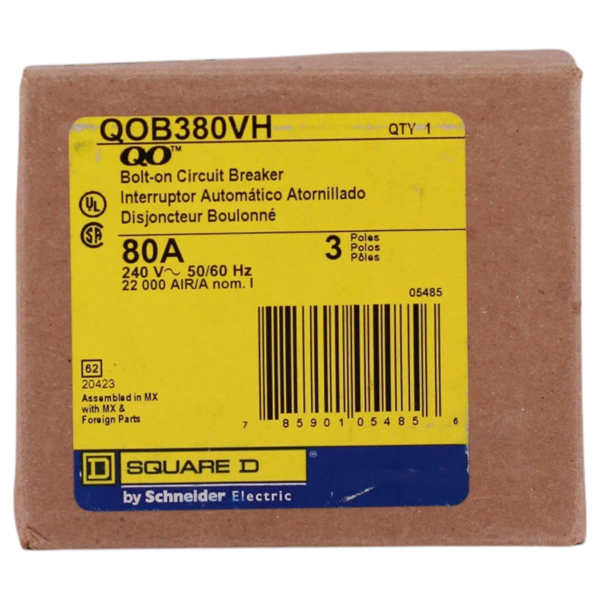 Square D QO, QOB380VH, 80A, 3P, 120/240V, Thermal Magnetic, Bolt-On, Circuit Breaker - Image 3